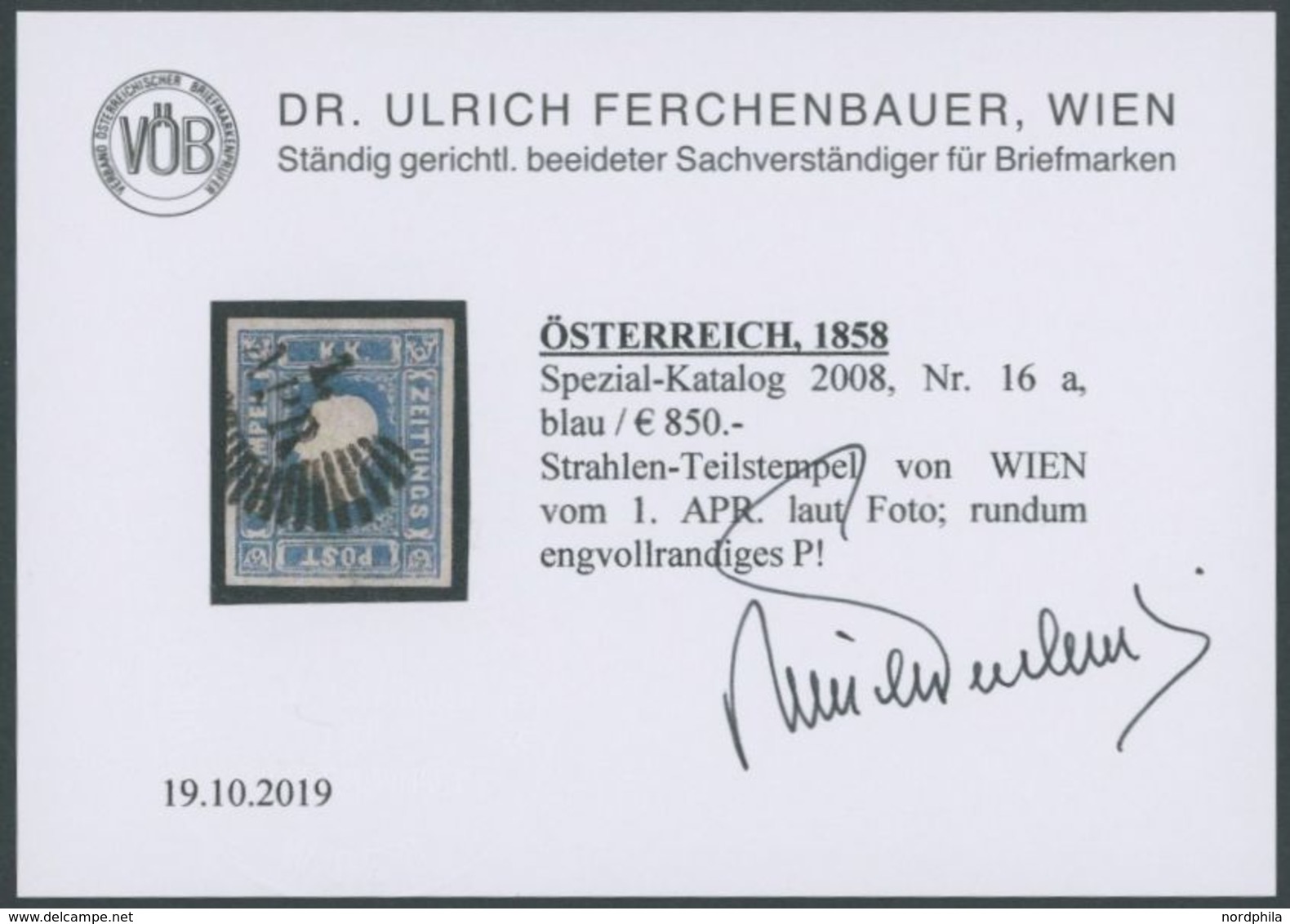 ÖSTERREICH BIS 1867 16a O, 1858, 1.05 Kr. Blau, Strahlenstempel Von WIEN, Pracht, Fotobefund Dr. Ferchenbauer, Mi. 700.- - Oblitérés