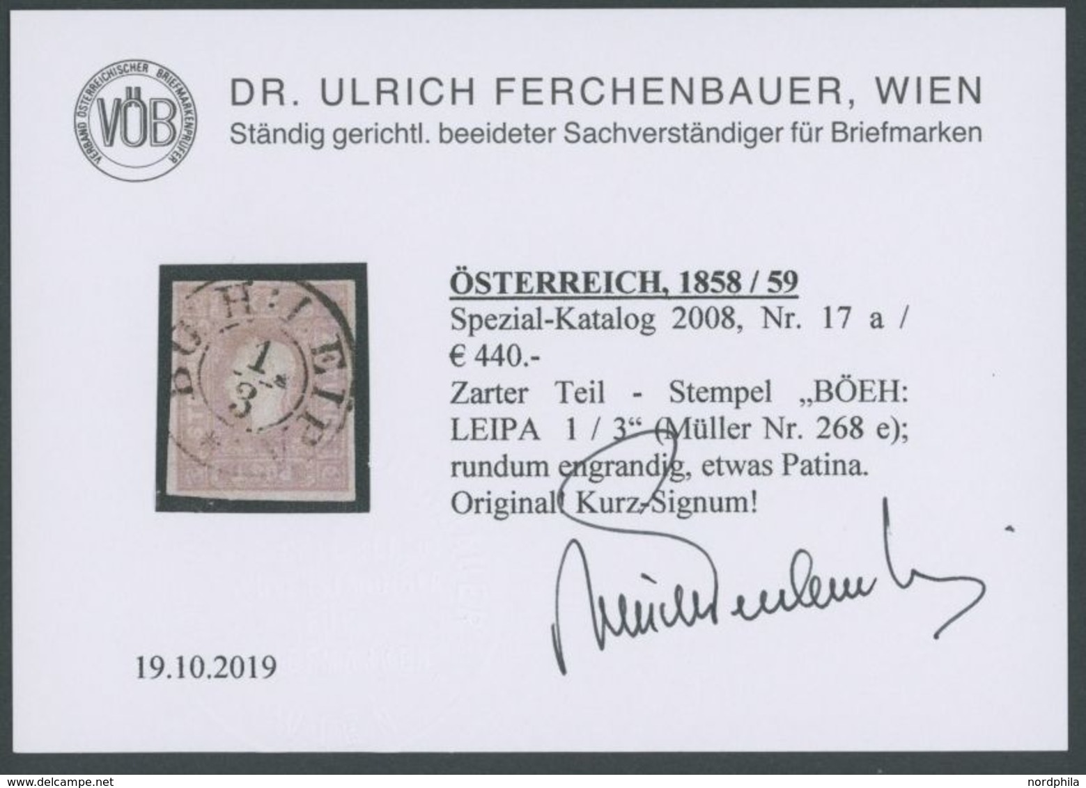 ÖSTERREICH BIS 1867 17 O, 1858, 1.05 Kr. Dunkellila, K2 BÖEH:LEIPA (Müller Nr. 268e), Pracht, Fotobefund Dr. Ferchenbaue - Usados