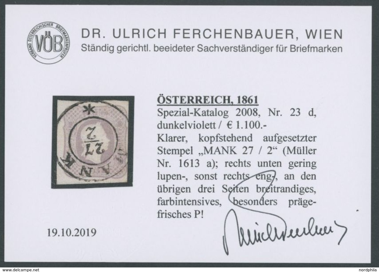 ÖSTERREICH BIS 1867 23d O, 1861, 1.05 Kr. Dunkelviolett, K2 MANK (Müller 1613a), Rechts Unten Lupenrandig Sonst Voll-bre - Usados