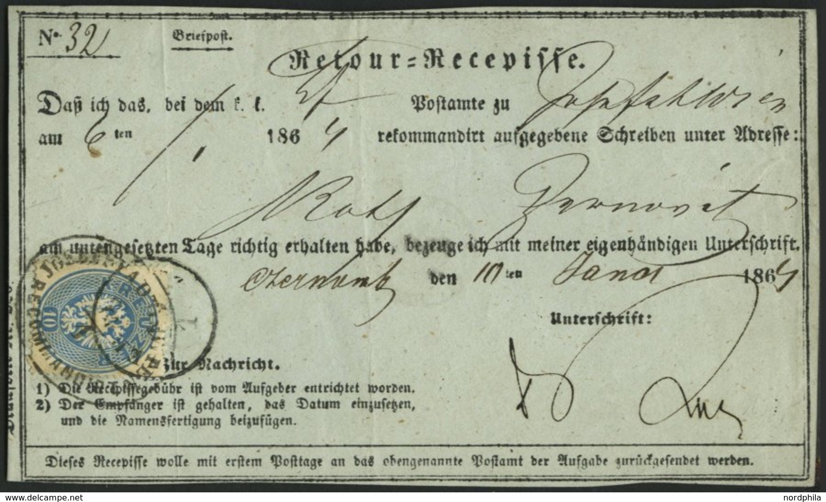 ÖSTERREICH 27 BRIEF, 1864, 10 Kr. Blau Auf Retour-Recepisse Mit Ovalstempel JOSEPHSTADT RECOMMANDIRT, Pracht - Used Stamps