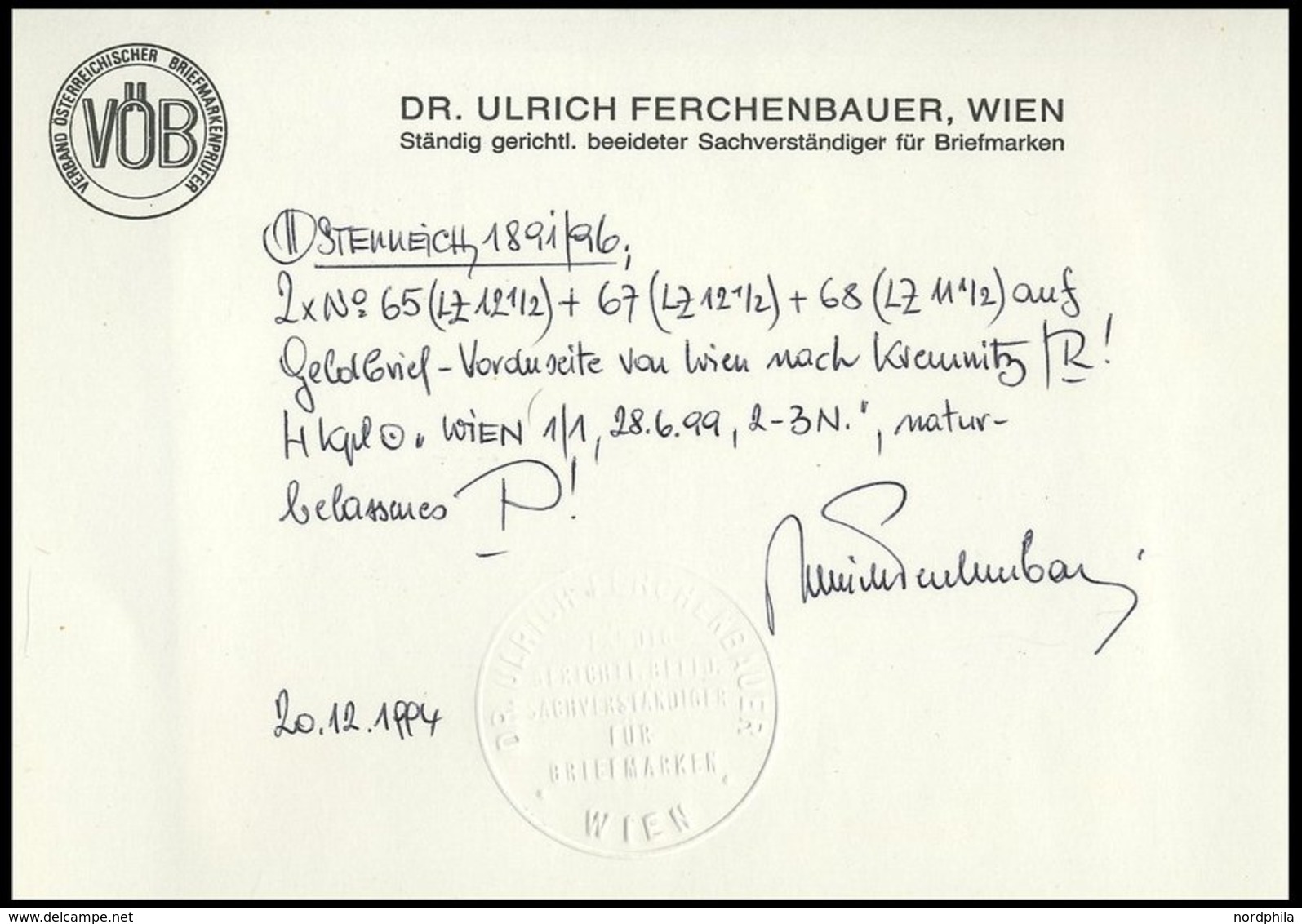 ÖSTERREICH 67/8 BrfStk, 1896, 1 G. Violettgrau Und 2 G. Grün Mit Zusatzfrankatur (Mi.Nr. 65 2x) Auf Geldbrief-Vorderseit - Usados