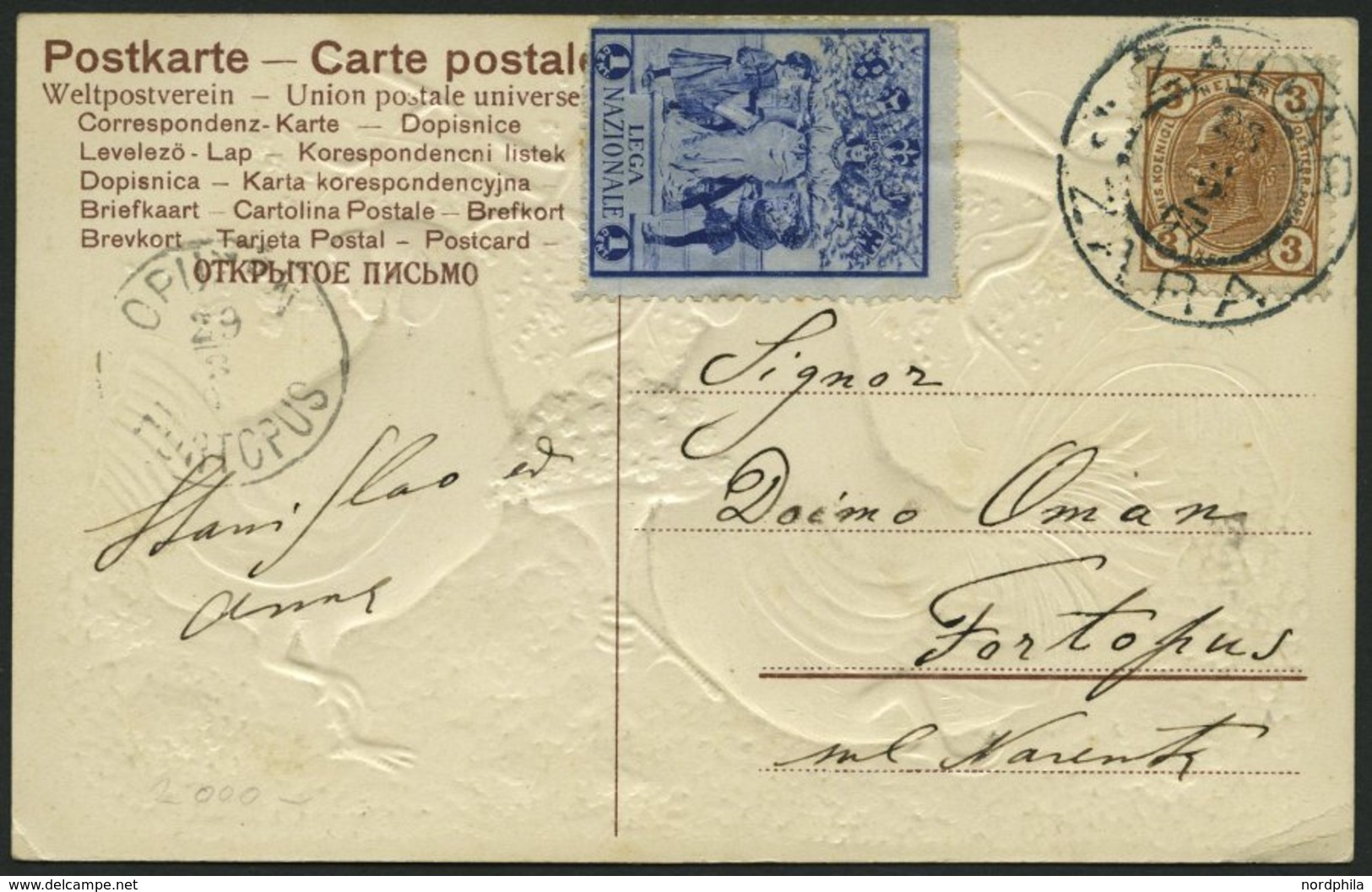ÖSTERREICH 121 BRIEF, 1907, 3 H Auf Prägedruckkarte Mit 1 Cent Vignette Lega Nazionale, Von Zara Nach Fortopus, Pracht - Gebruikt