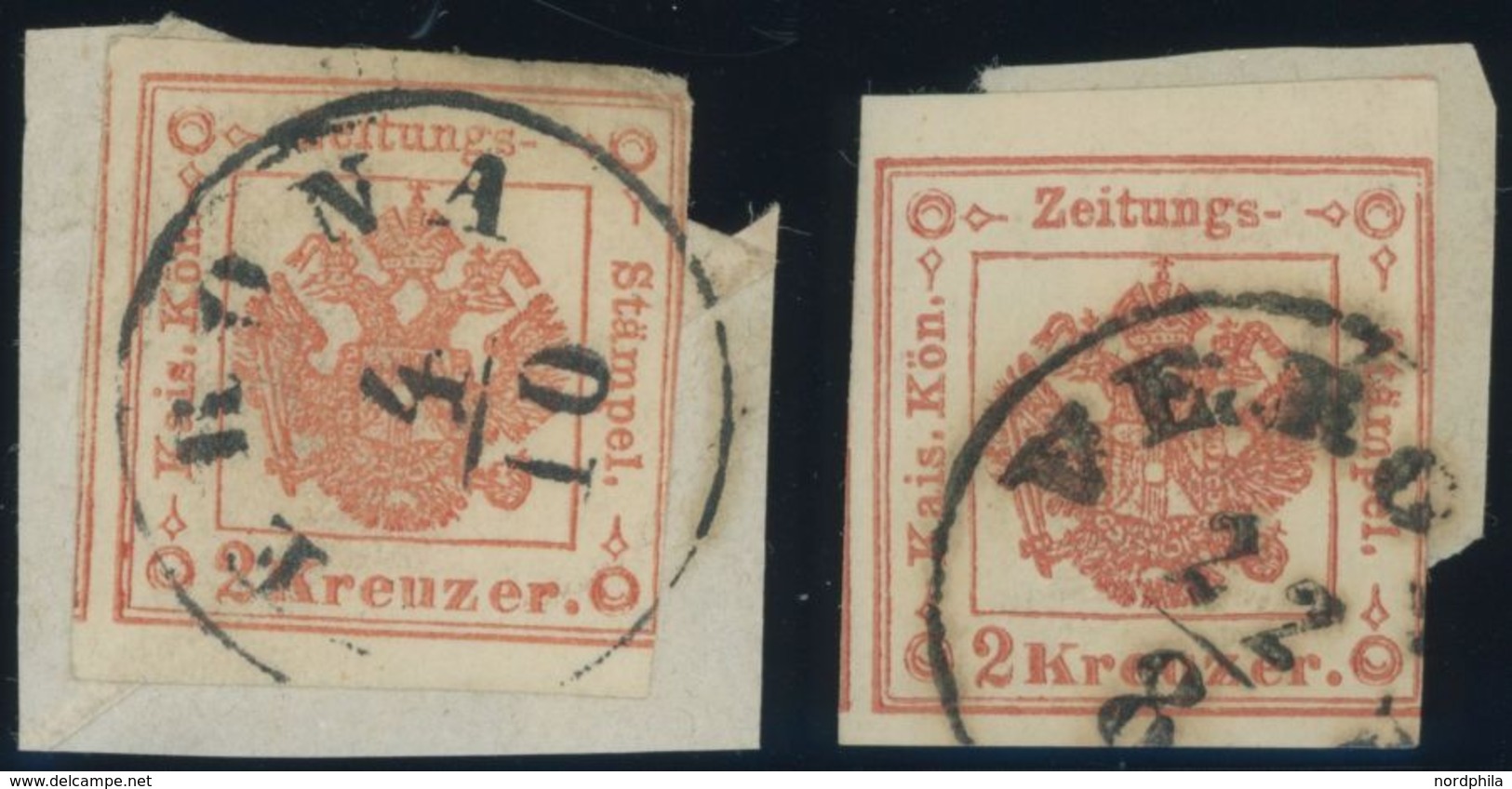 ZEITUNGSSTEMPELMARKEN 2 BrfStk, 1859, 2 Kr. Rot, 2x, Je Einseitig Berührt Sonst Pracht, Mi. 140.- - Giornali