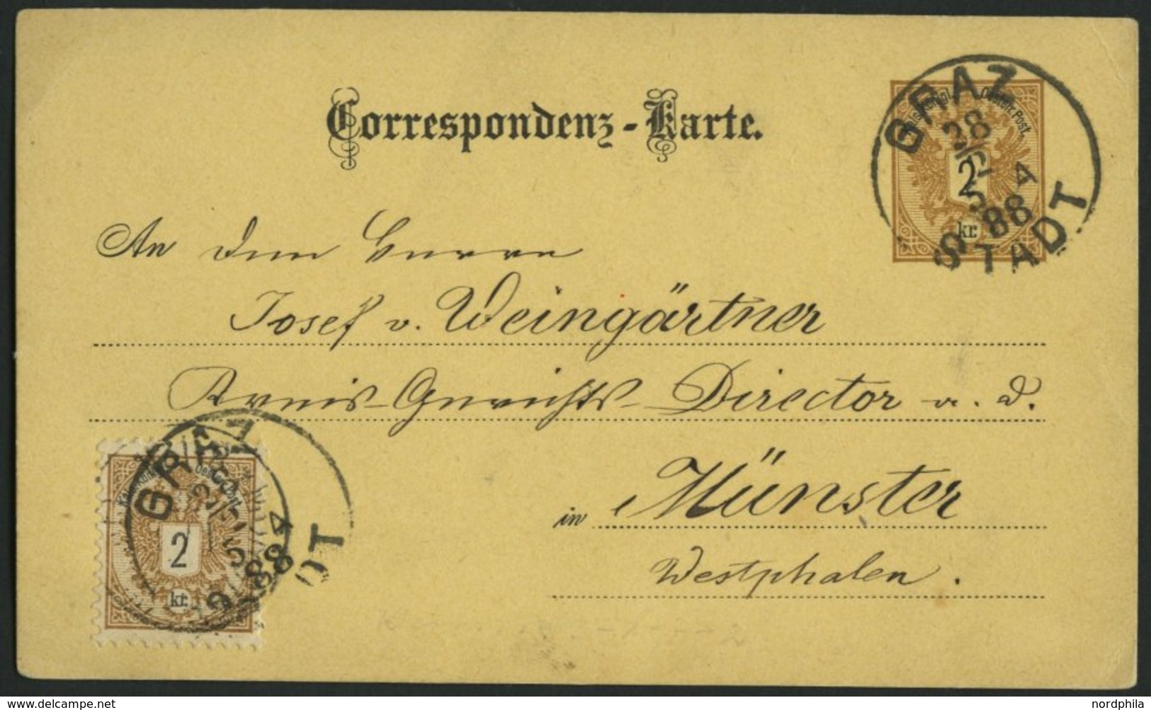 GANZSACHEN P 43,44 BRIEF, 1888, 2 Kr. Braun, Karte (deutsch) Mit Zusatzfrankatur 2 Kr. Doppeladler Von GRAZ STADT Nach M - Autres & Non Classés