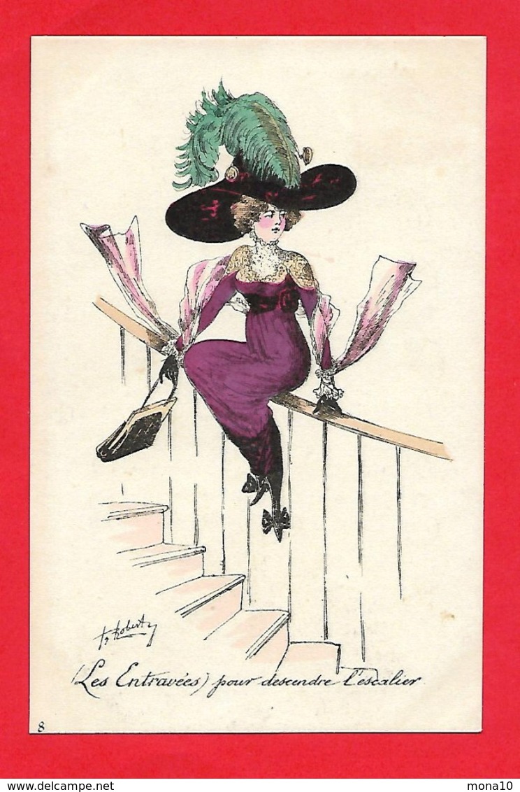 Roberty - Illustrateur;Les Entravées Pour Descendre L'escalier, Femme Au Chapeau ,plume - Otros & Sin Clasificación