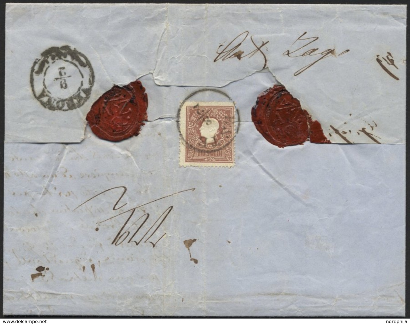 LOMBARDEI UND VENETIEN 10/1II BRIEF, 1860, 15 So. Blau Und 10 So. Lilabraun (rückseitig), Type II, Auf Gesiegeltem Brief - Lombardije-Venetië