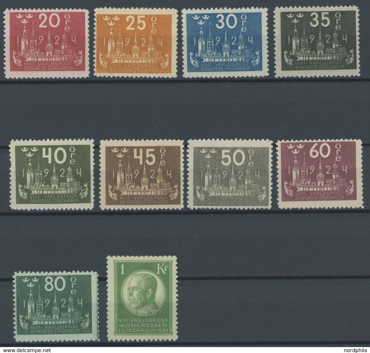 SCHWEDEN 147-56 *, 1924, 20 Ö. - 1 Kr. Weltpostkongress, Falzrest, 10 Werte üblich Gezähnt Pracht - Used Stamps