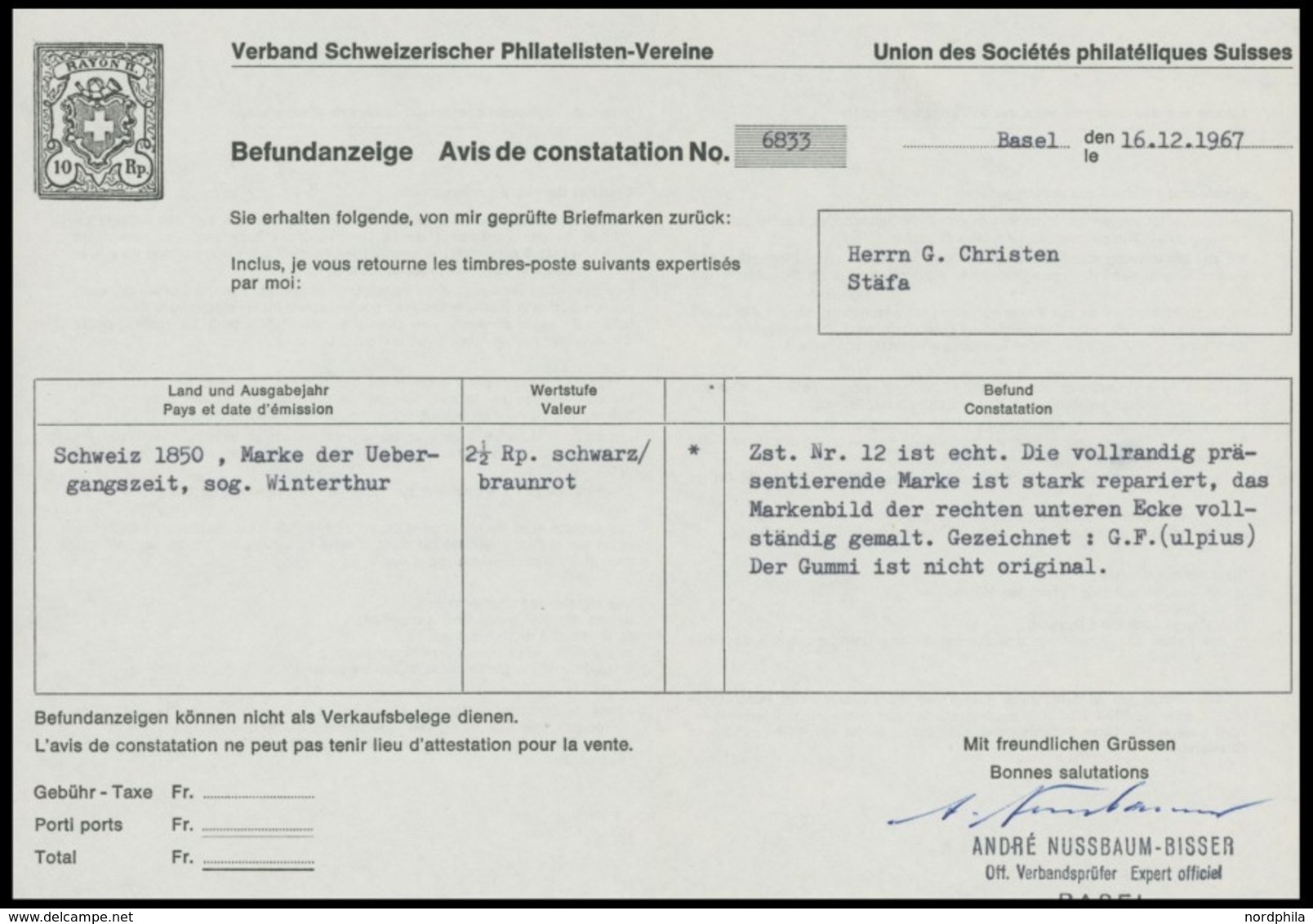 SCHWEIZ BUNDESPOST 4 (*), 1850, 21/2 Rp. Schwarz/braunrot, Sog. Winterthur, Stark Repariert, Gummi Nicht Original, Signi - Other & Unclassified