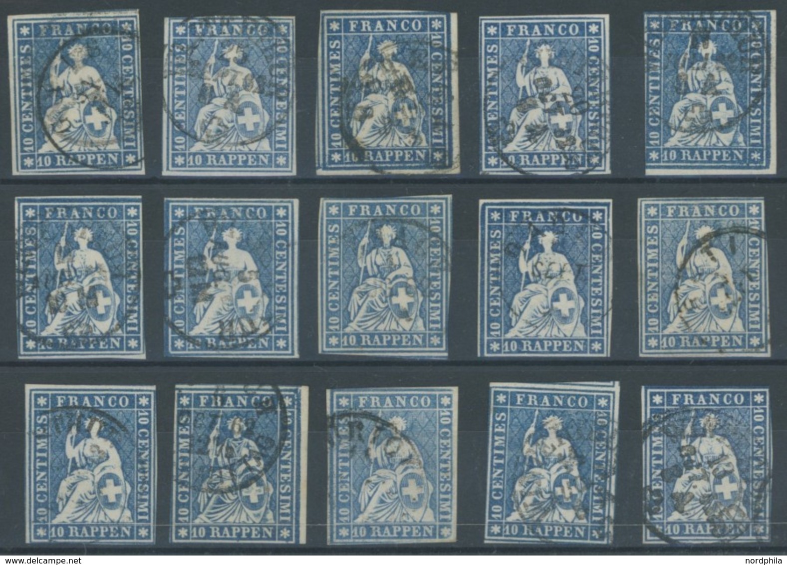 SCHWEIZ BUNDESPOST 14IIBym O, 1859, 10 Rp. Lebhaftblau, Berner Druck III, (Zst. 23G), 15 Prachtwerte In Nuancen - Altri & Non Classificati