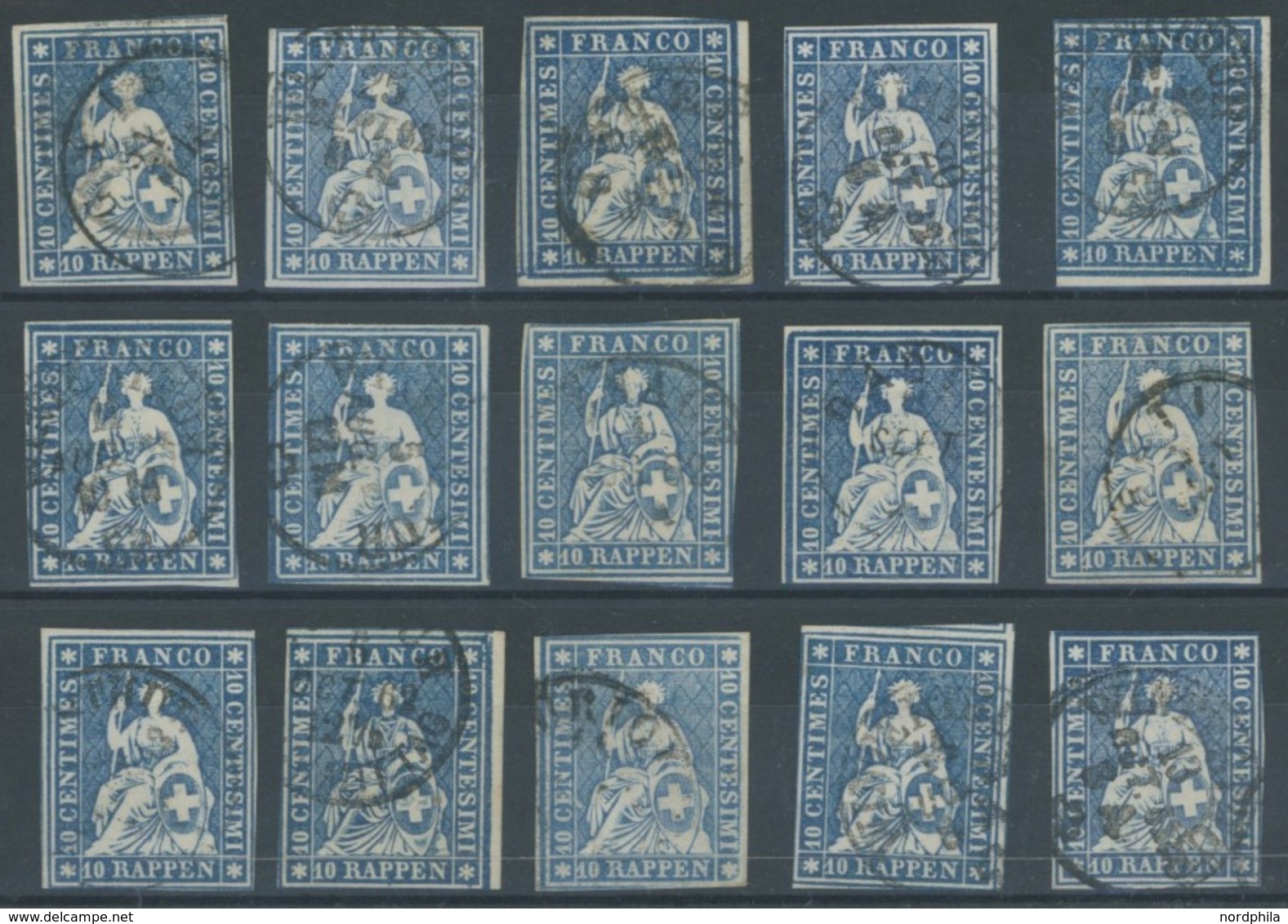 SCHWEIZ BUNDESPOST 14IIBym O, 1859, 10 Rp. Lebhaftblau, Berner Druck III, (Zst. 23G), 15 Prachtwerte In Nuancen - Otros & Sin Clasificación
