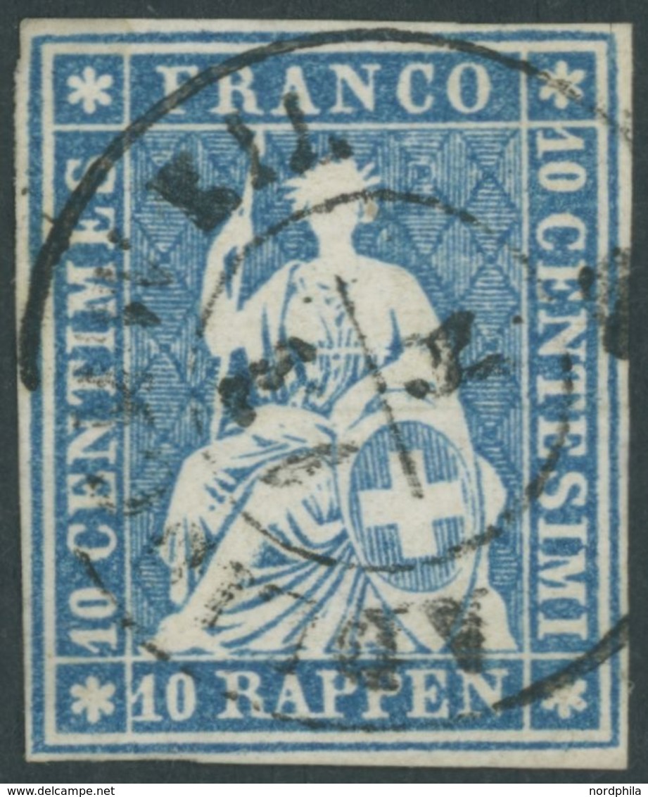 SCHWEIZ BUNDESPOST 14IIBym O, 1859, 10 Rp. Lebhaftblau, Berner Druck III, (Zst. 23G), K2 ADLISCHWEIL, Allseits Breitrand - Altri & Non Classificati