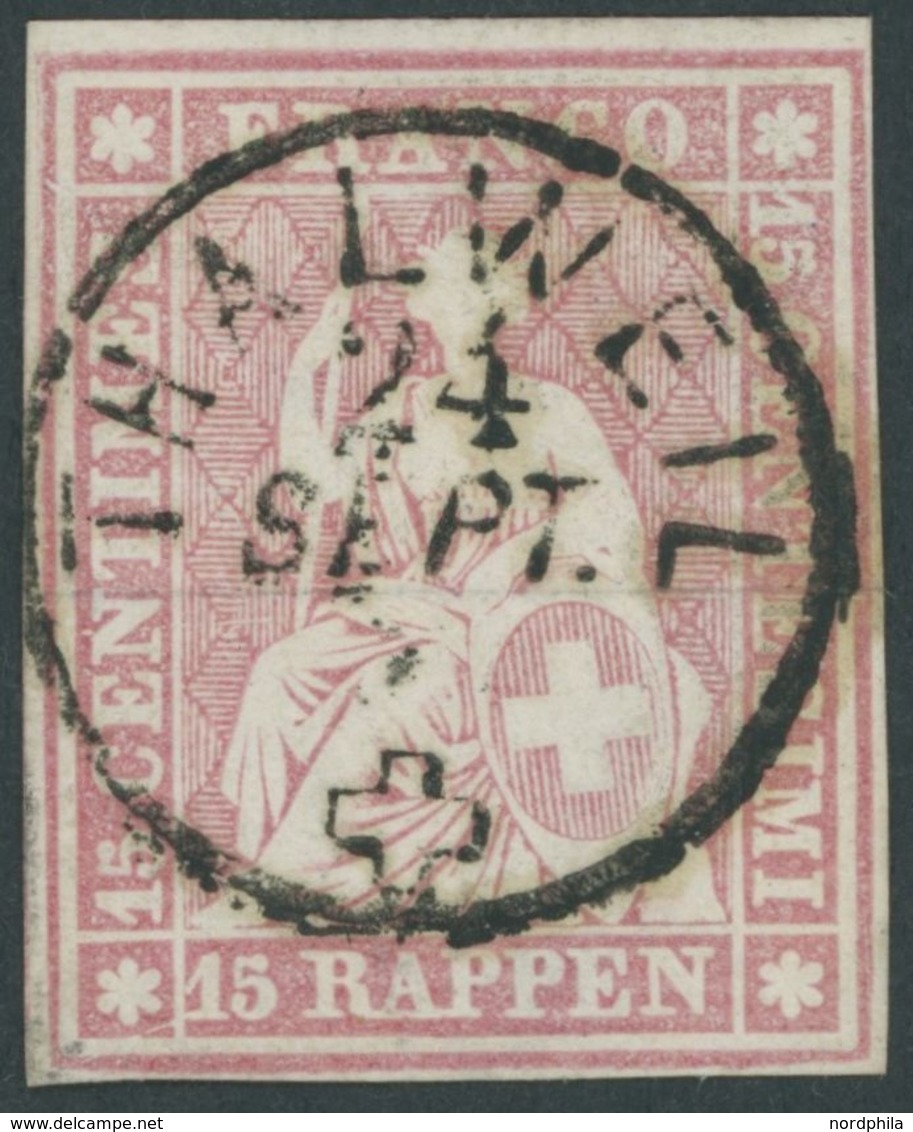 SCHWEIZ BUNDESPOST 15IIByp O, 1857, 15 Rp. Rosa, Blauer Seidenfaden, Berner Druck II, (Zst. 24D), Idealer Zentrischer K1 - Sonstige & Ohne Zuordnung