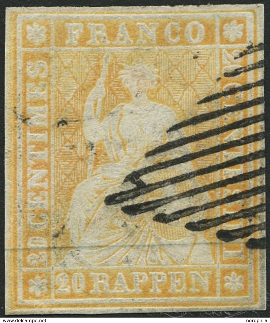 SCHWEIZ BUNDESPOST 16IIAym O, 1854, 20 Rp. Gelborange, Berner Druck I, (Zst. 25Bc), Allseits Breitrandig, Kleine Helle S - Sonstige & Ohne Zuordnung