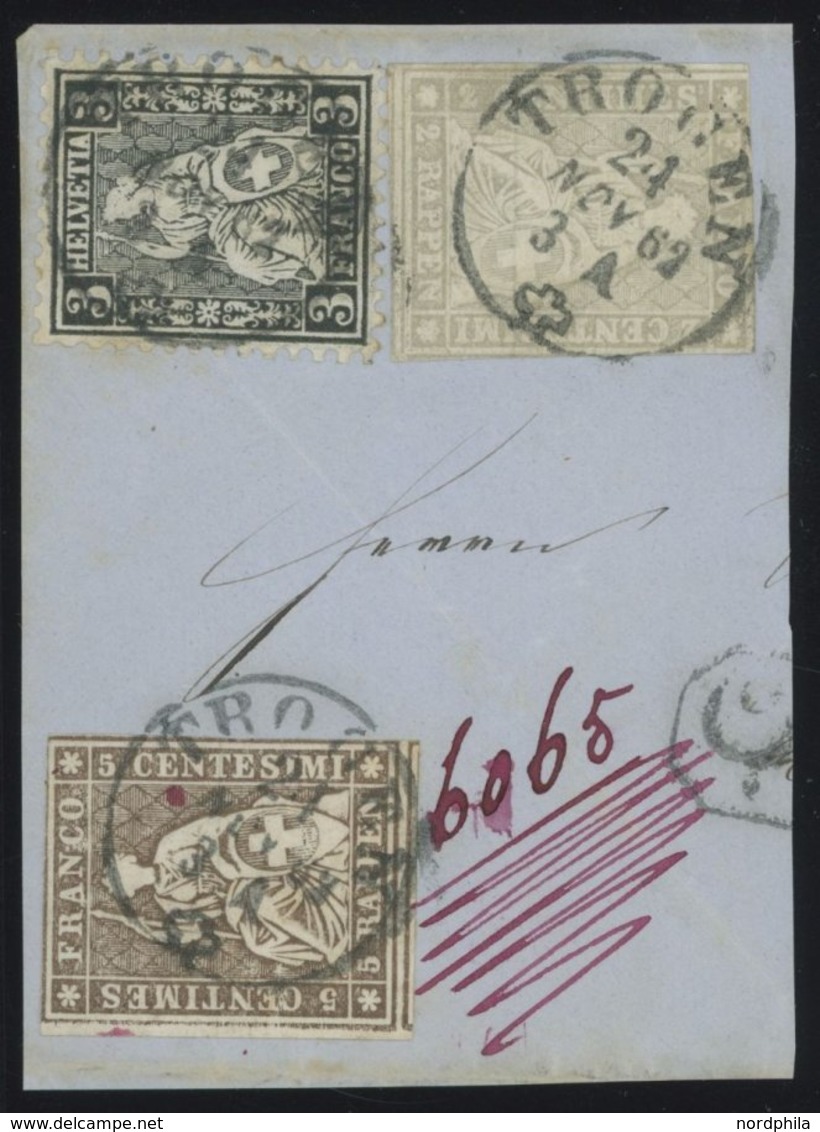 SCHWEIZ BUNDESPOST 13,19,21 BrfStk, 1862, Mischfrankatur: 2 Rp. Grau Mit 5 Rp. Und 3 C. Auf Großem Briefstück Mit Stempe - Other & Unclassified