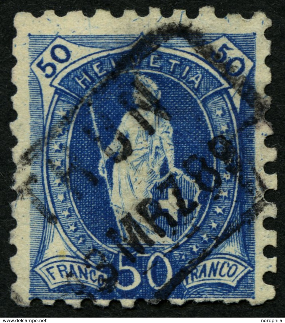 SCHWEIZ BUNDESPOST 62B O, 1882, 50 C. Blau, Gezähnt K 9 3/4:91/4, Feinst (übliche Zähnung), Mi. 380.- - Sonstige & Ohne Zuordnung