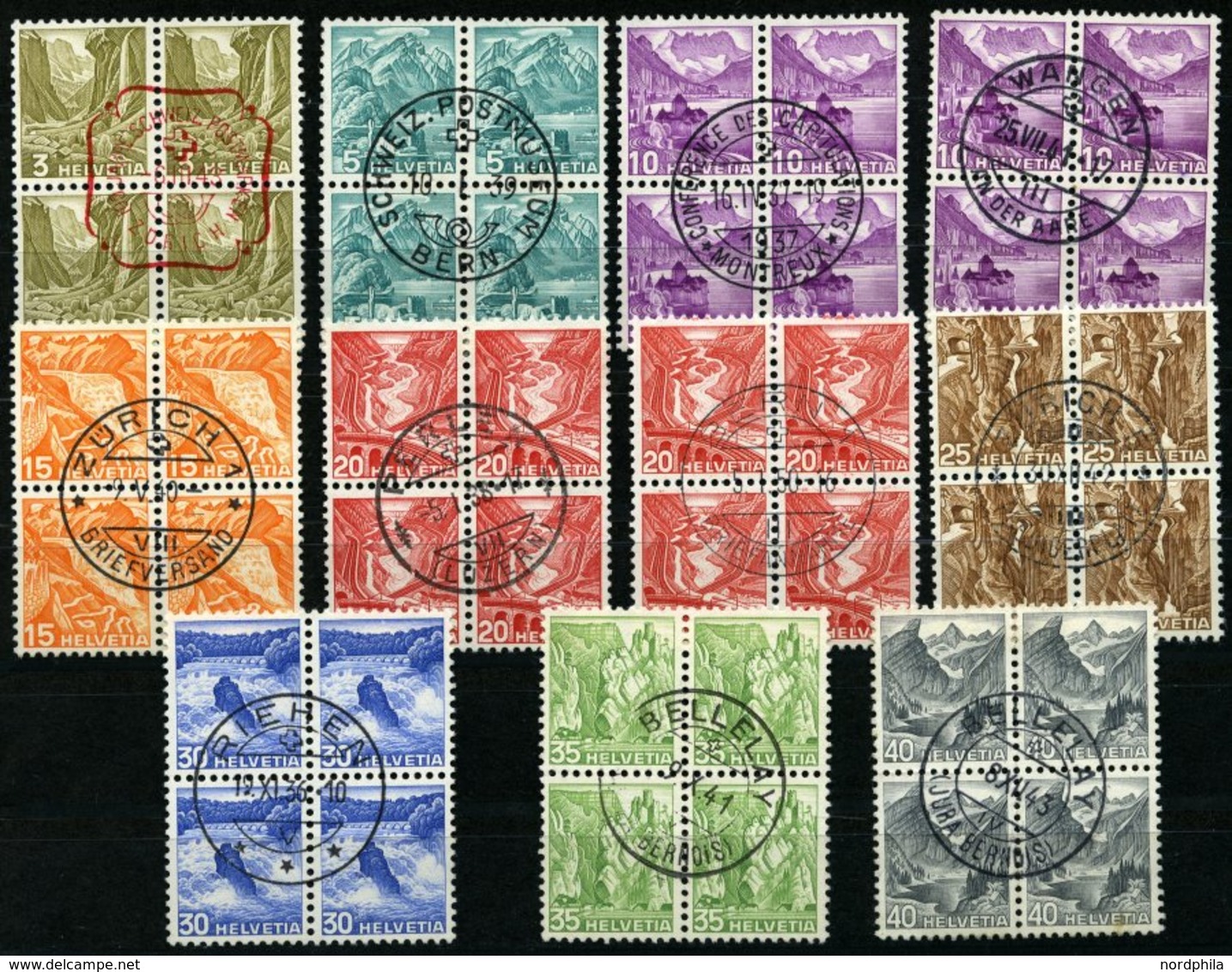 SCHWEIZ BUNDESPOST 297-305I,IIz VB O, 1936, Landschaften, Geriffelter Gummi, In Zentrisch Gestempelten Viererblocks, 10  - Sonstige & Ohne Zuordnung