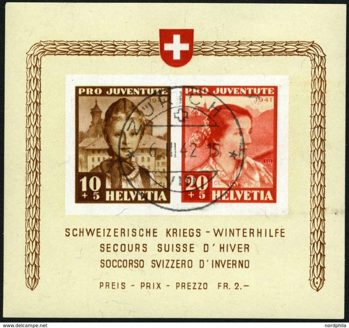 SCHWEIZ BUNDESPOST Bl. 6 O, 1941, Block Kriegs-Winterhilfe, Pracht, Mi. 450.- - Sonstige & Ohne Zuordnung