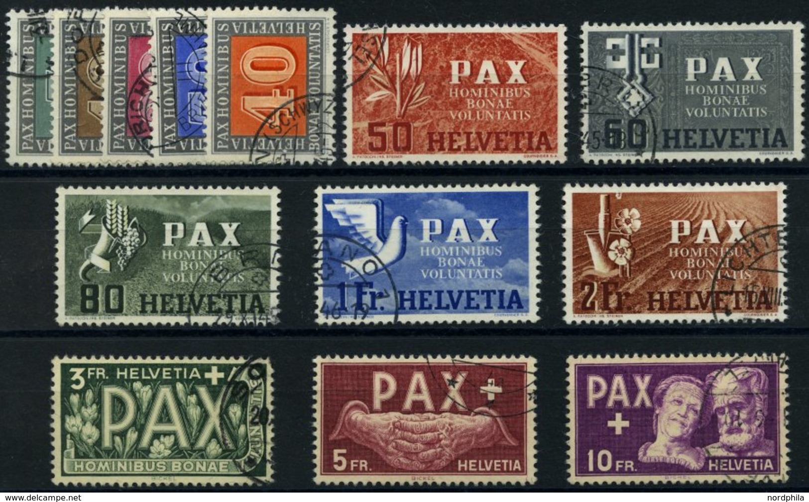 SCHWEIZ BUNDESPOST 447-59 O, 1945, PAX, Prachtsatz, 4 Endwerte Gepr. Abt, Mi. 1000.- - Autres & Non Classés