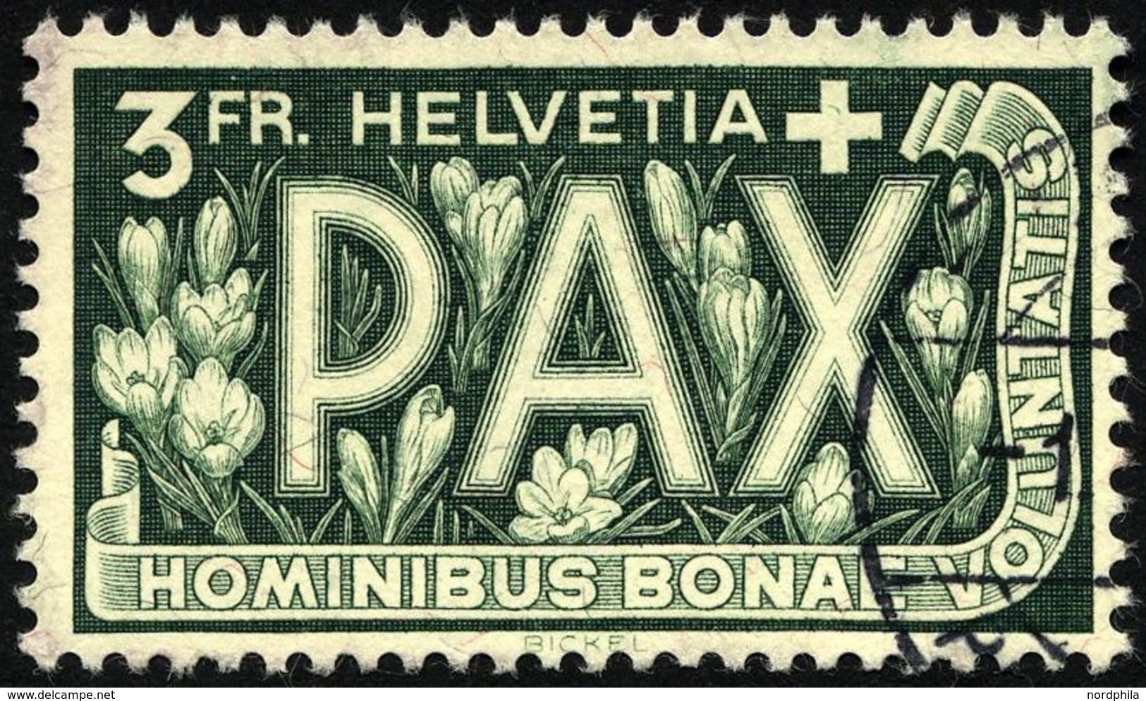 SCHWEIZ BUNDESPOST 457 O, 1945, 3 Fr. PAX, Pracht, Gepr. Marchand, Mi. 110.- - Sonstige & Ohne Zuordnung