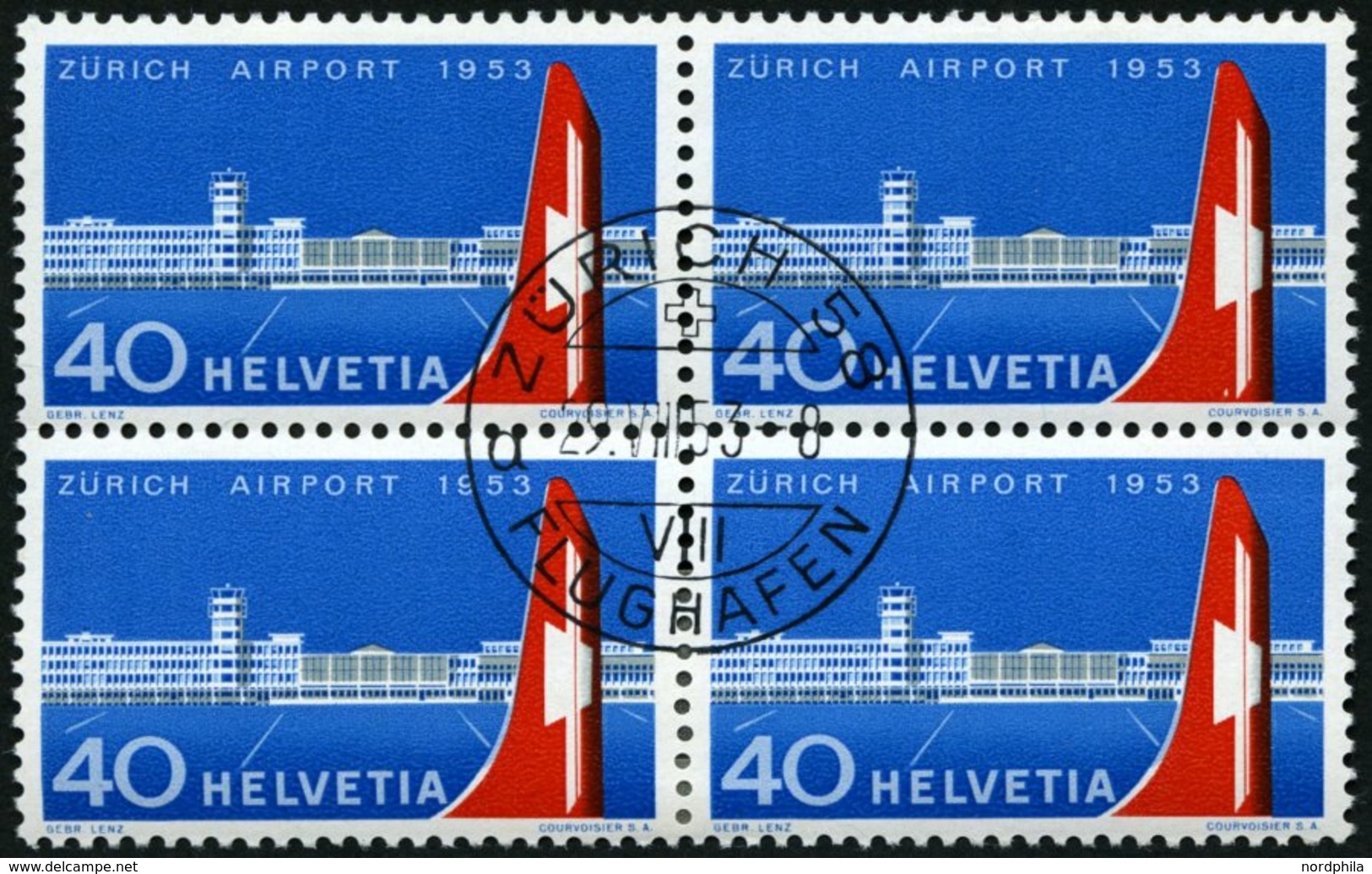 SCHWEIZ BUNDESPOST 585 VB O, 1953, Flughafen Zürich-Kloten Im Viererblock Mit Zentrischem Ersttagsstempel, Pracht - Sonstige & Ohne Zuordnung