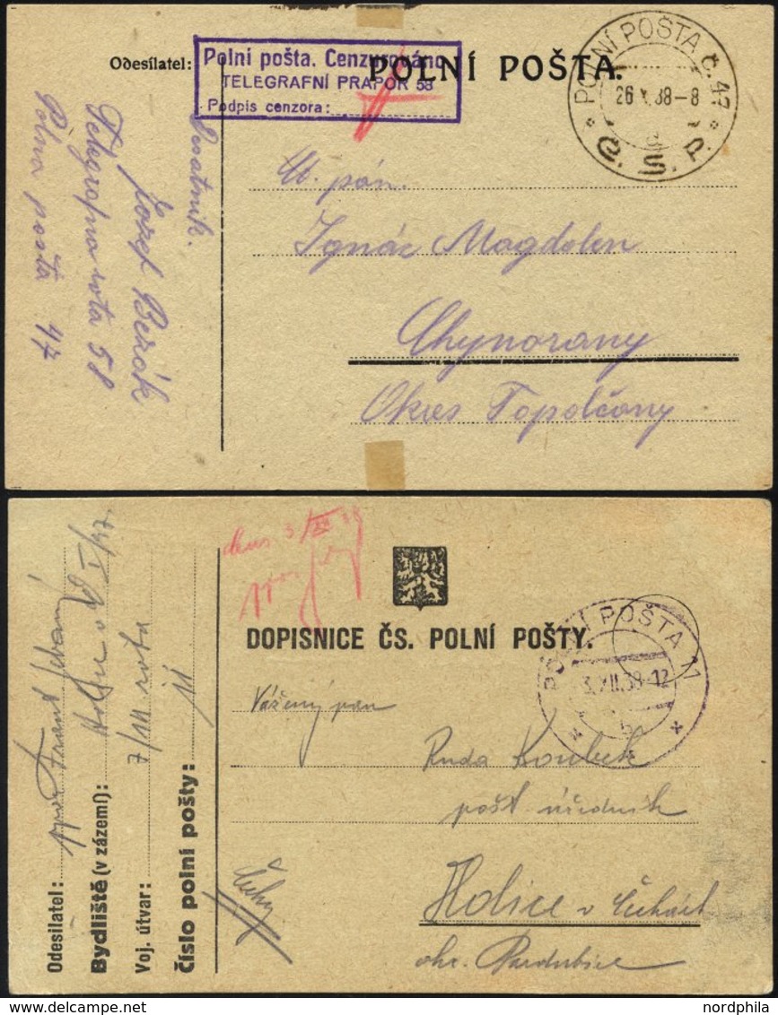 TSCHECHOSLOWAKEI 1938, Feldpostkarte Vom Feldpostamt Nr. 47 Mit K2 POLNI POSTA C.47/C.S.P. Mit Violettem Zensurstempel U - Autres & Non Classés