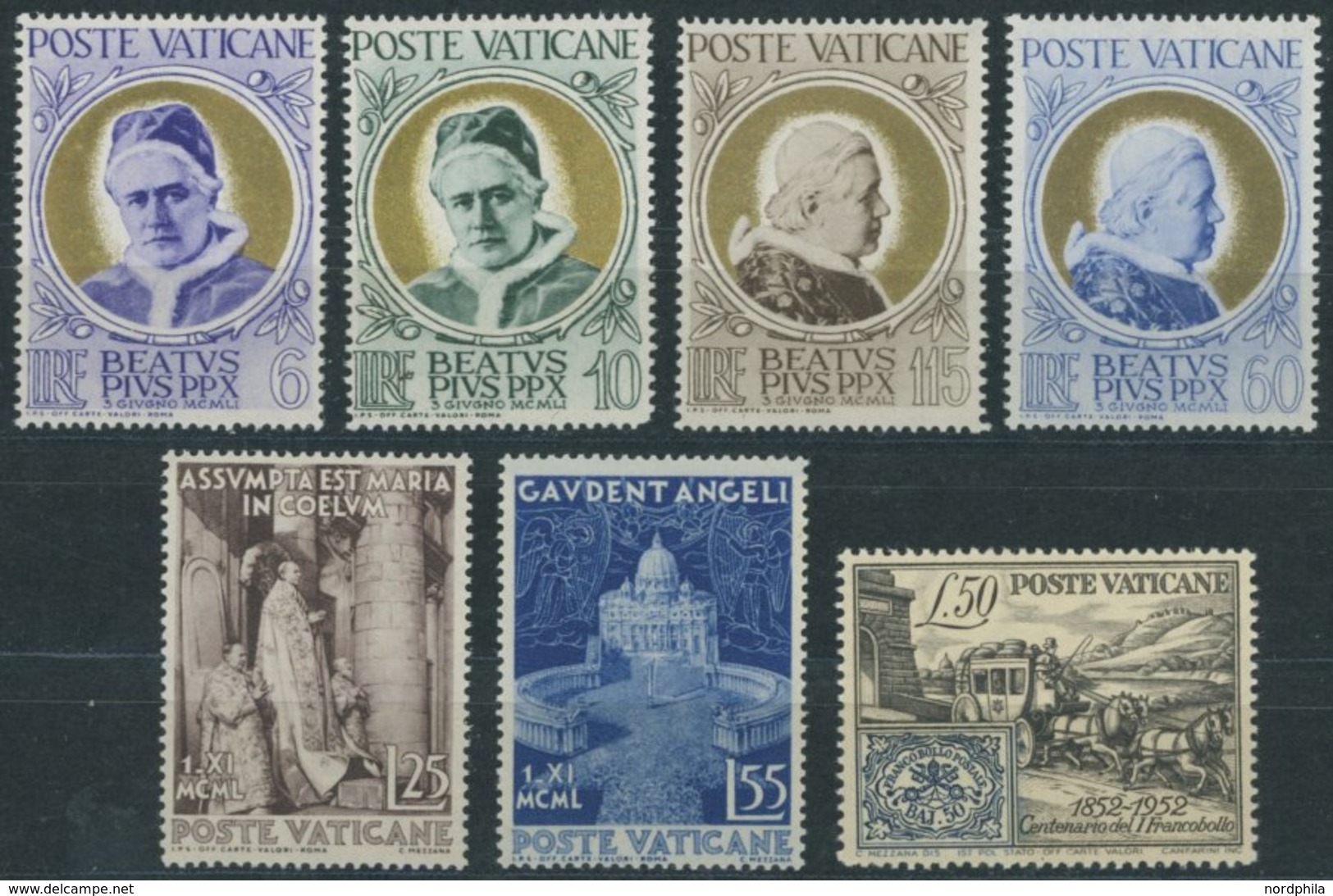 VATIKAN 174-79,188 **, 1951/2, Seligsprechung Und Briefmarkenausgabe, Postfrisch, 7 Prachtwerte, Mi. 64.- - Andere & Zonder Classificatie