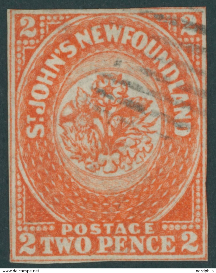 KANADA - NEUFUNDLAND 2b O, 1860, 2 P. Orange (SG.-Nr. 10), Zweiseitig Berührt Sonst Lupenrandig, Sehr Farbfrisch, Feinst - 1857-1861