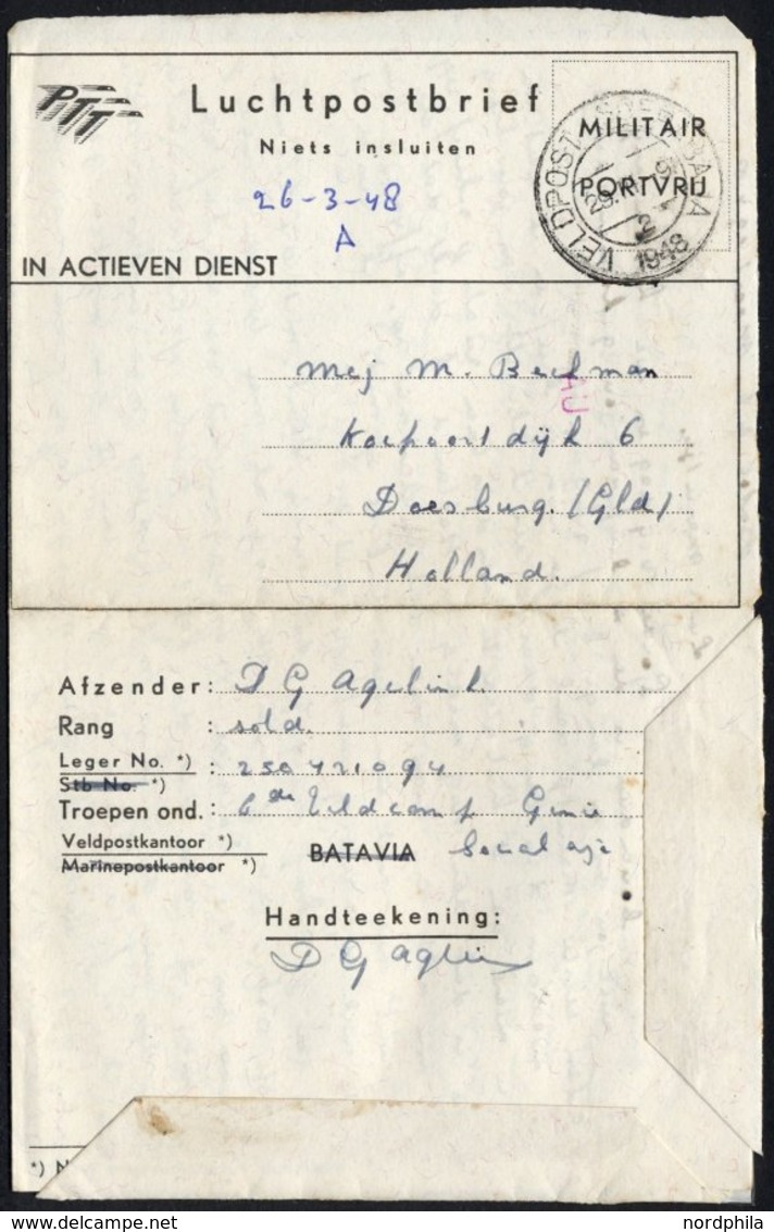 NIEDERLÄNDISCH-INDIEN 1948, K2 VELDPOST-SOERABAJA/2/1948 Auf Luft-Feldpost-Vordruckbrief IN ACTIEVEN DIENST, Pracht - India Holandeses