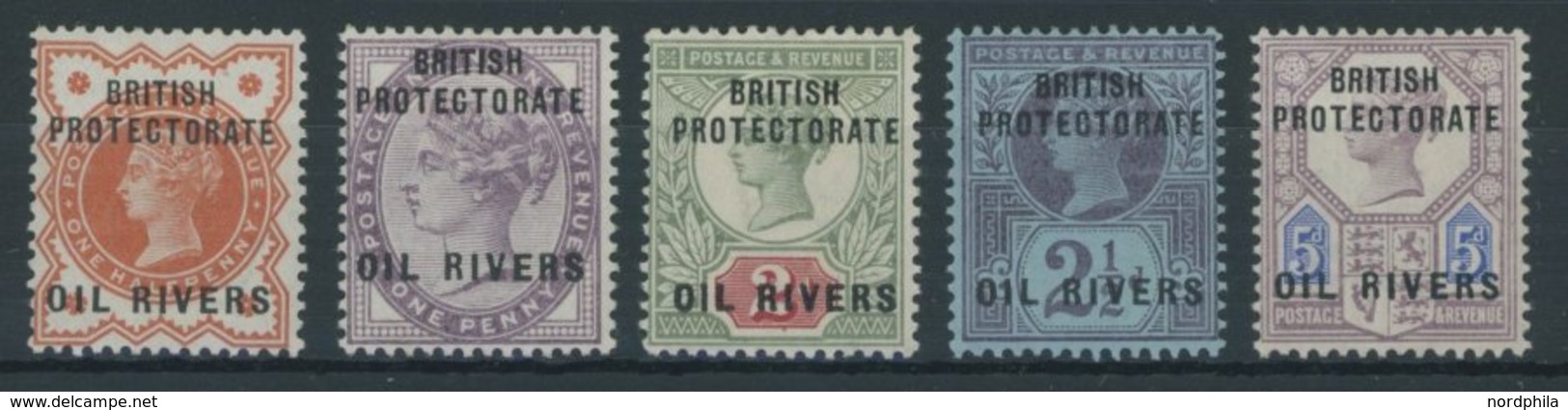 NIGERIA 1-5 *, Oil Rivers: 1892, 1/2 - 5 P. BRITSH PROTECTORATE/OIL RIVERS, Falzreste, 5 Prachtwerte, Mi. 97.- - Nigeria (1961-...)