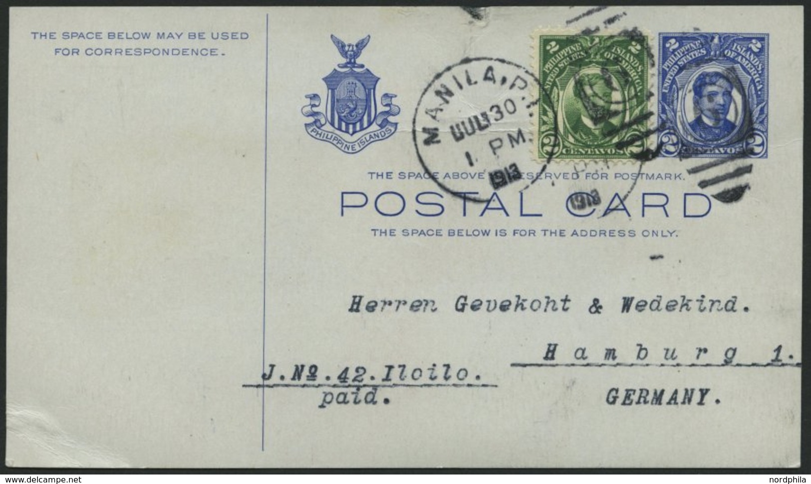 PHILIPPINEN 275 BRIEF, 1913, 2 C. Rizal Als Zusatzfrankatur Auf 2 C. Ganzsachenkarte Nach Hamburg, Pracht - Filippine