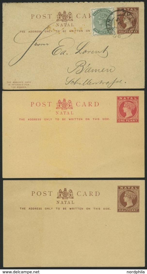 NATAL 1890-1900, 2 Ungebrauchte Ganzsachenkarten Und Ein Gebrauchter Kartenbrief Mit 1/2 P. Zusatzfrankatur Nach Bremen, - Natal (1857-1909)