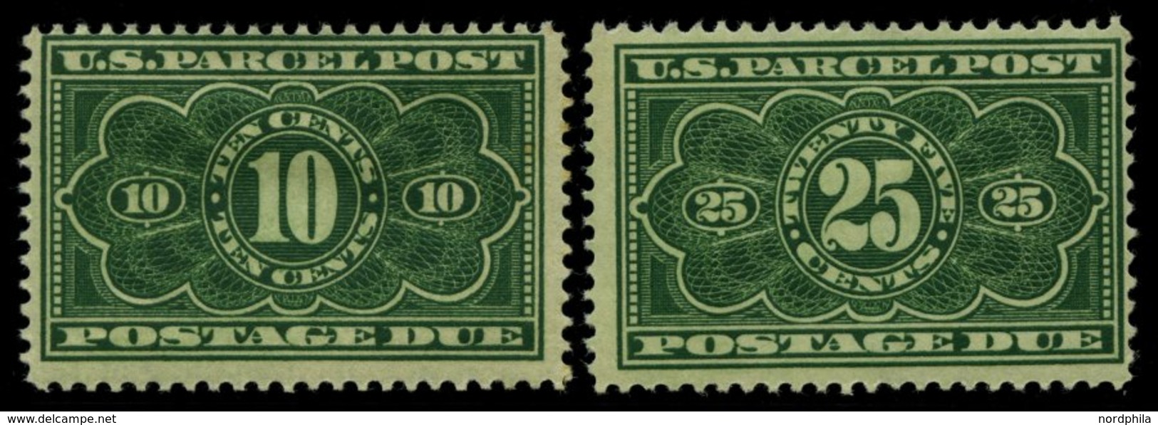 PAKET-PORTOMARKEN PP 4/5 *, Scott JQ 4/5, 1912, 10 Und 25 C. U.S. Parcel Post Postage Due, Falzreste, 2 Prachtwerte, $ 1 - Paketmarken