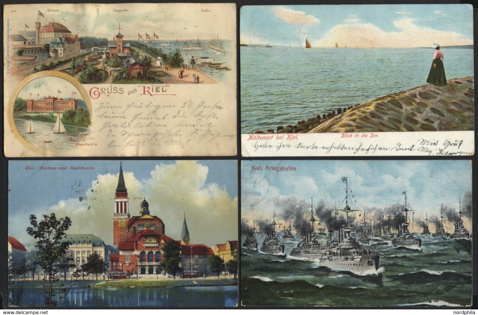 ALTE POSTKARTEN - DEUTSCH KIEL, Sammlung von 200 verschiedenen Ansichtskarten in 2 Briefalben, mit seltenen Lithographie