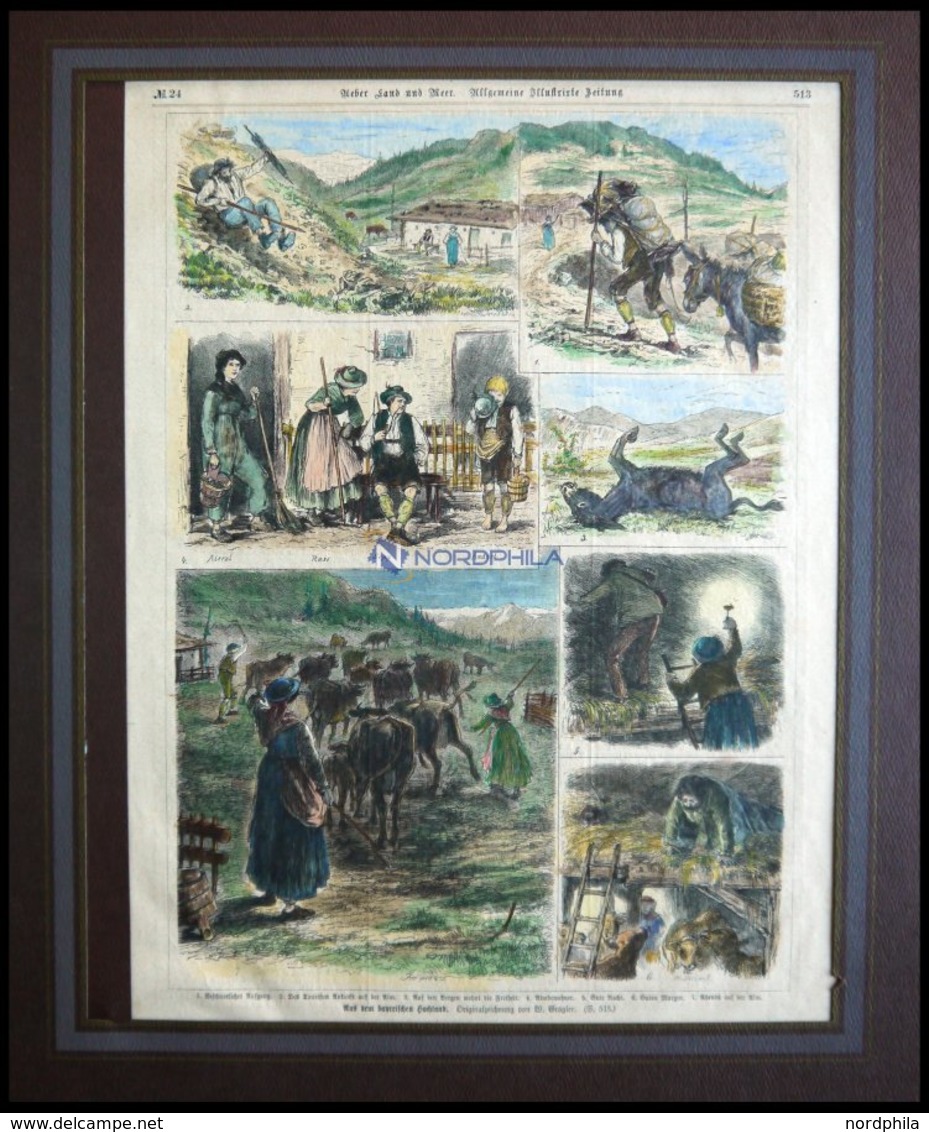 BAYERISCHES HOCHLAND, 7 Ansichten Auf Einem Blatt, Kolorierter Holzstich Von Grögler Um 1880 - Litografia