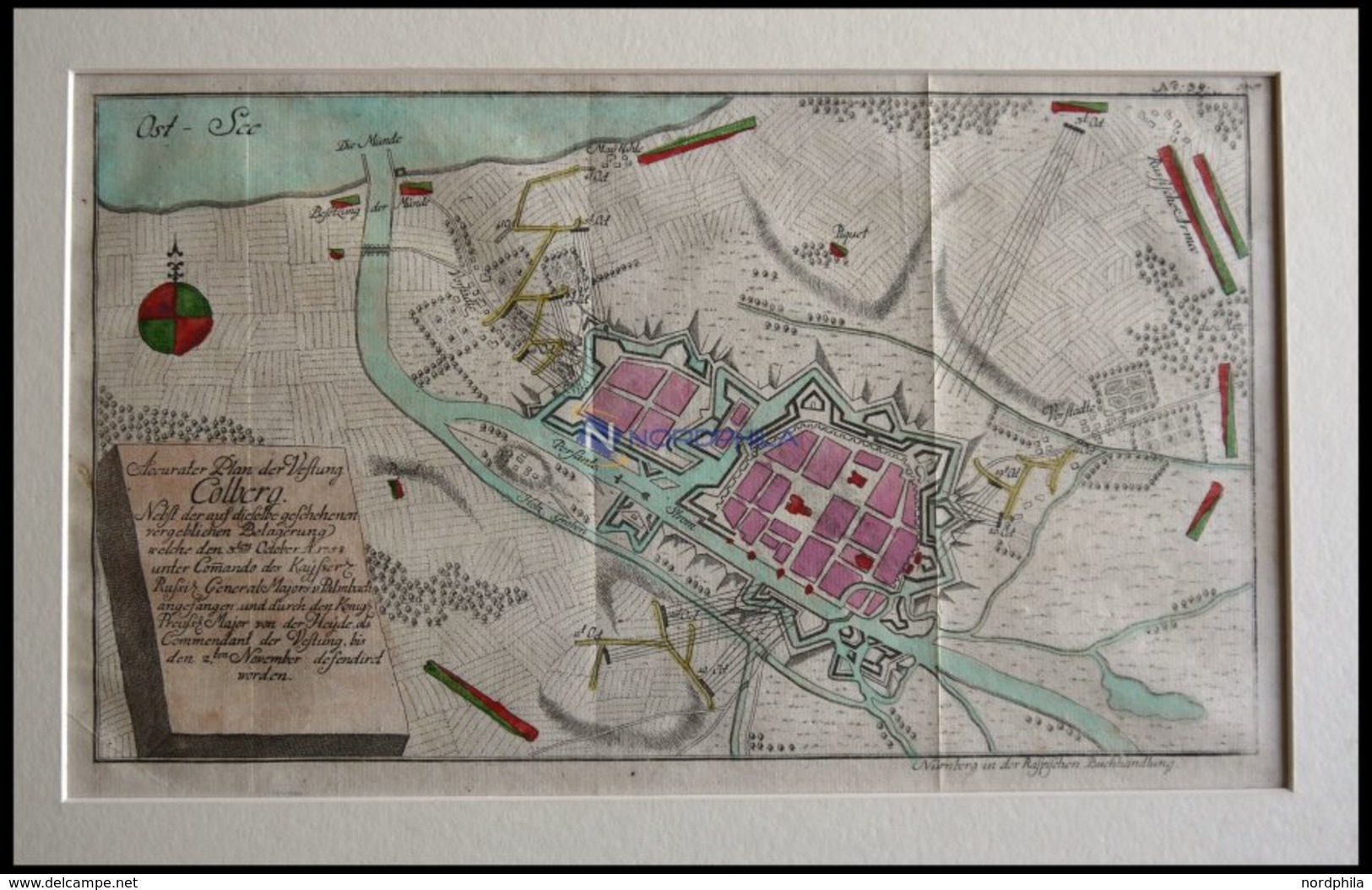 COLBERG, Festungsplan Der Belagerung Vom 3.10.1758, Altkolorierter Kupferstich Bei Raspische Buchhandlung 1760 - Litografia