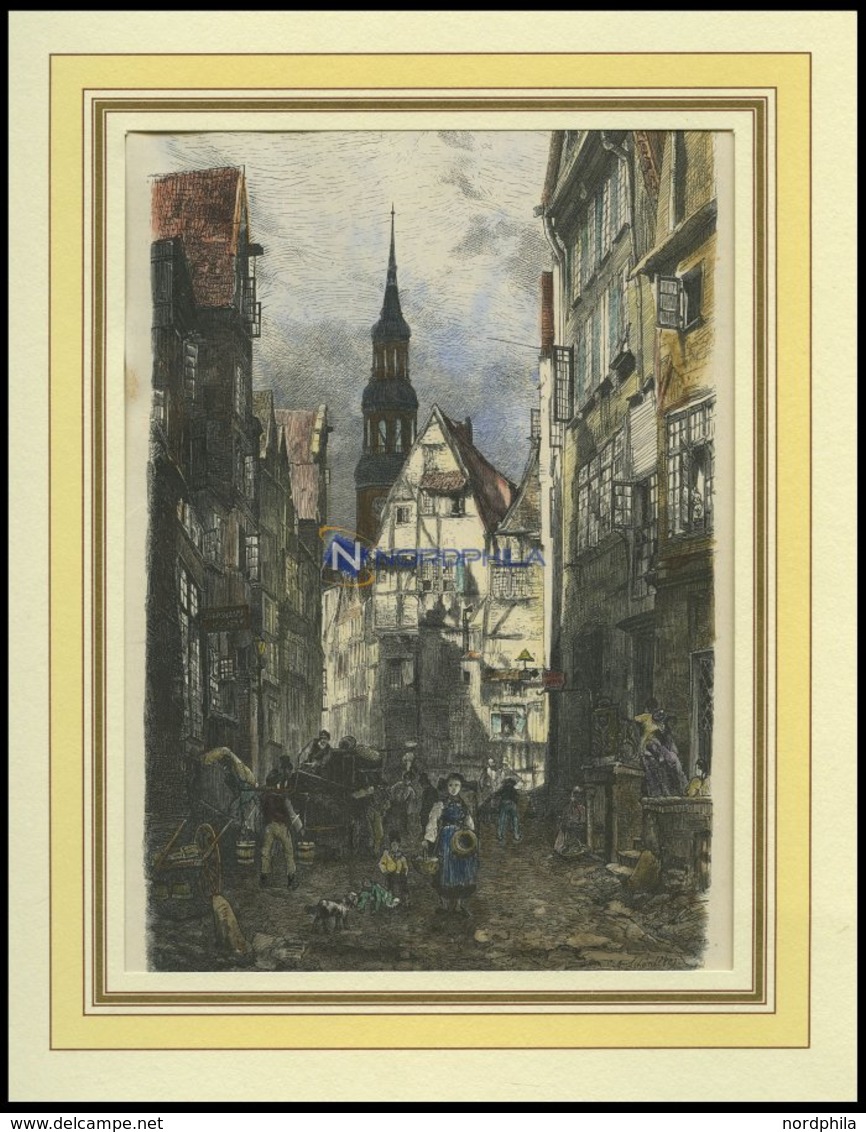 HAMBURG: Am Dovenfleth Mit Blick Auf Den Katharinenthurm, Kol. Holzstich Von G. Schönleber Von 1881 - Lithografieën