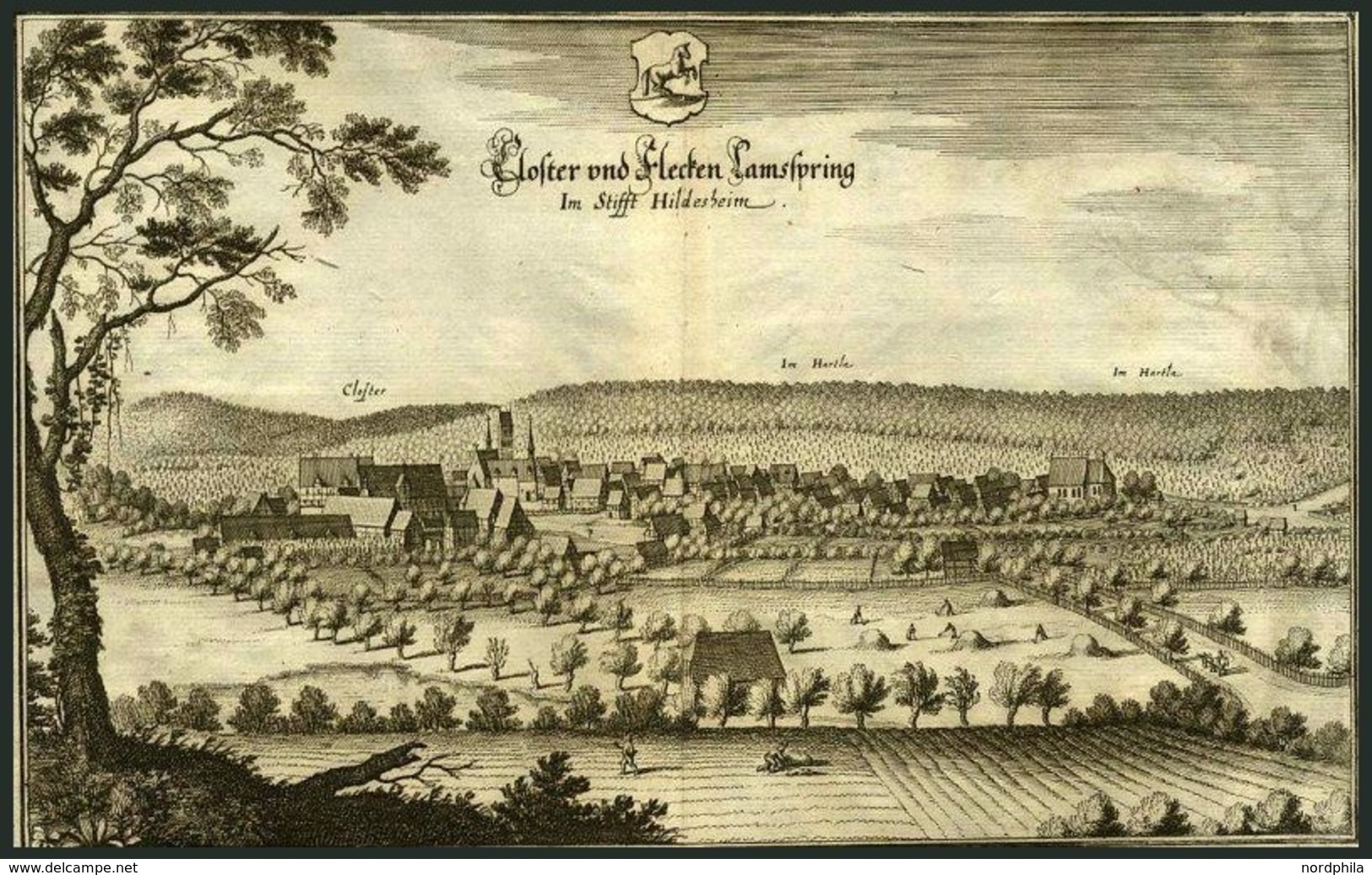 LAMSPRINGE, Gesamtansicht, Kupferstich Von Merian Um 1645 - Litografía