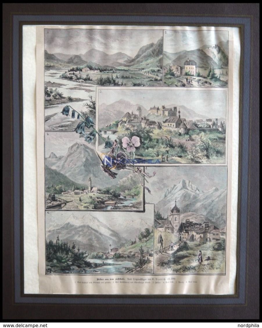 Das LECHTHAL, 6 Ansichten Auf Einem Blatt, U.a. Füssen, Lech, Lend, Kolorierter Holzstich Von 1890 - Litografia
