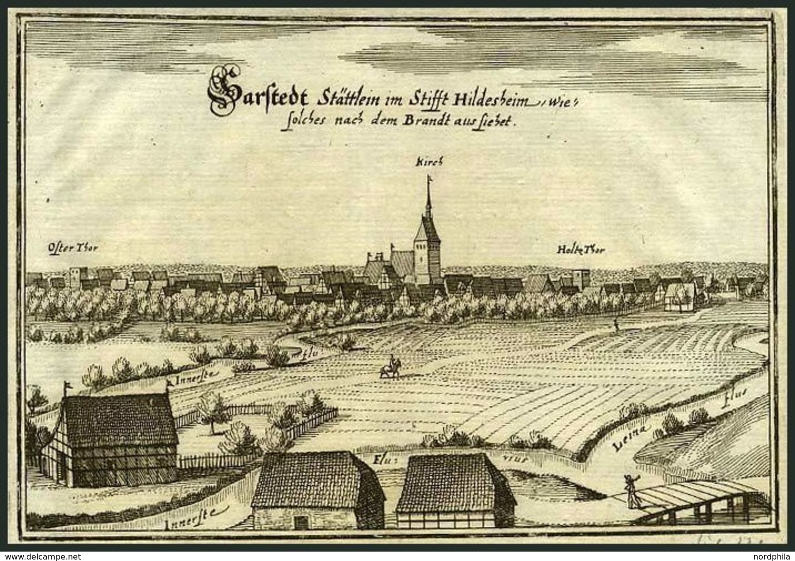 SARSTEDT, Gesamtansicht Nach Dem Brand, Kupferstich Von Merian Um 1645 - Litografia