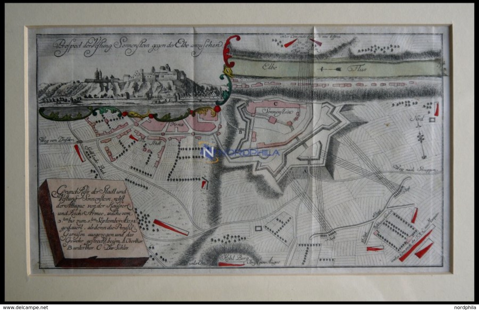 SONNENSTEIN B. PIRNA, Festung Und Gesamtansicht Der Belagerung Vom 3. - 5.9.1758, Altkolorierter Kupferstich Von Ca. 176 - Litografia