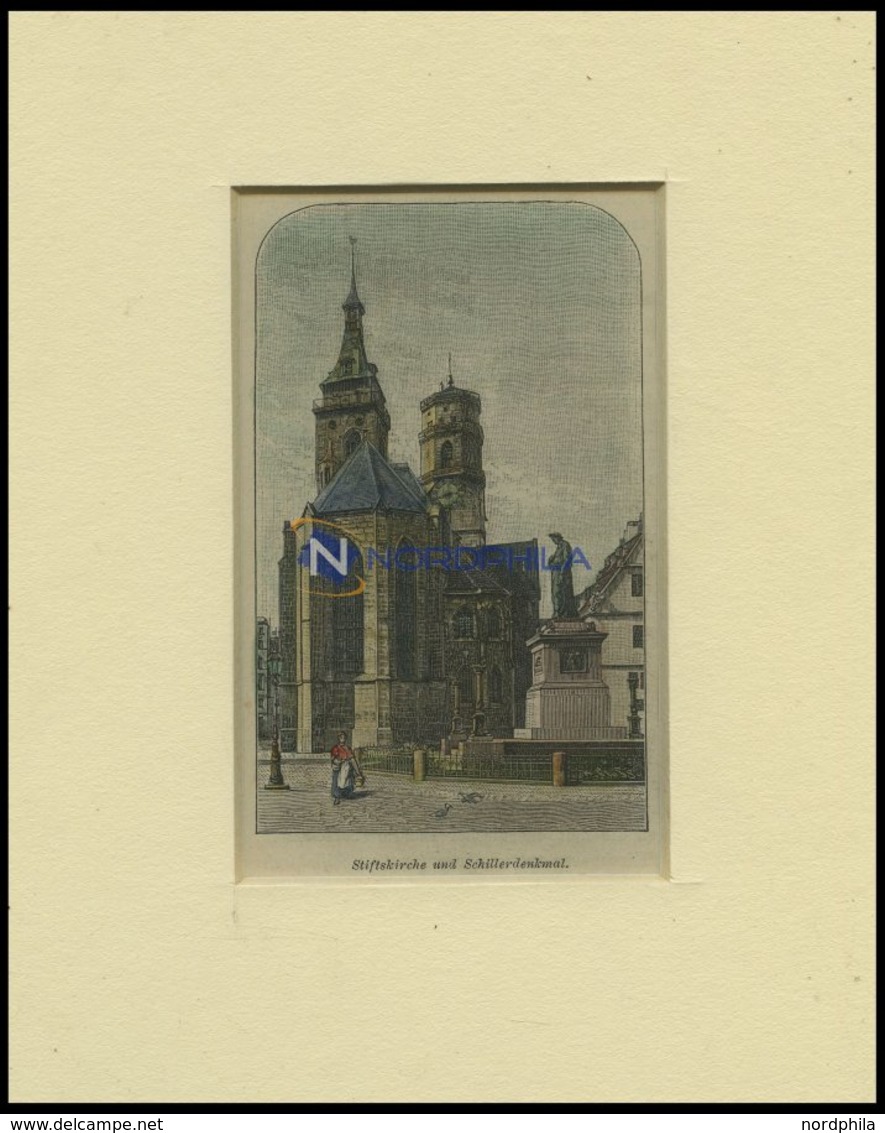 STUTTGART: Die Stiftskirche Und Das Schillerdenkmal, Kolorierter Holzstich Um 1880 - Litografia