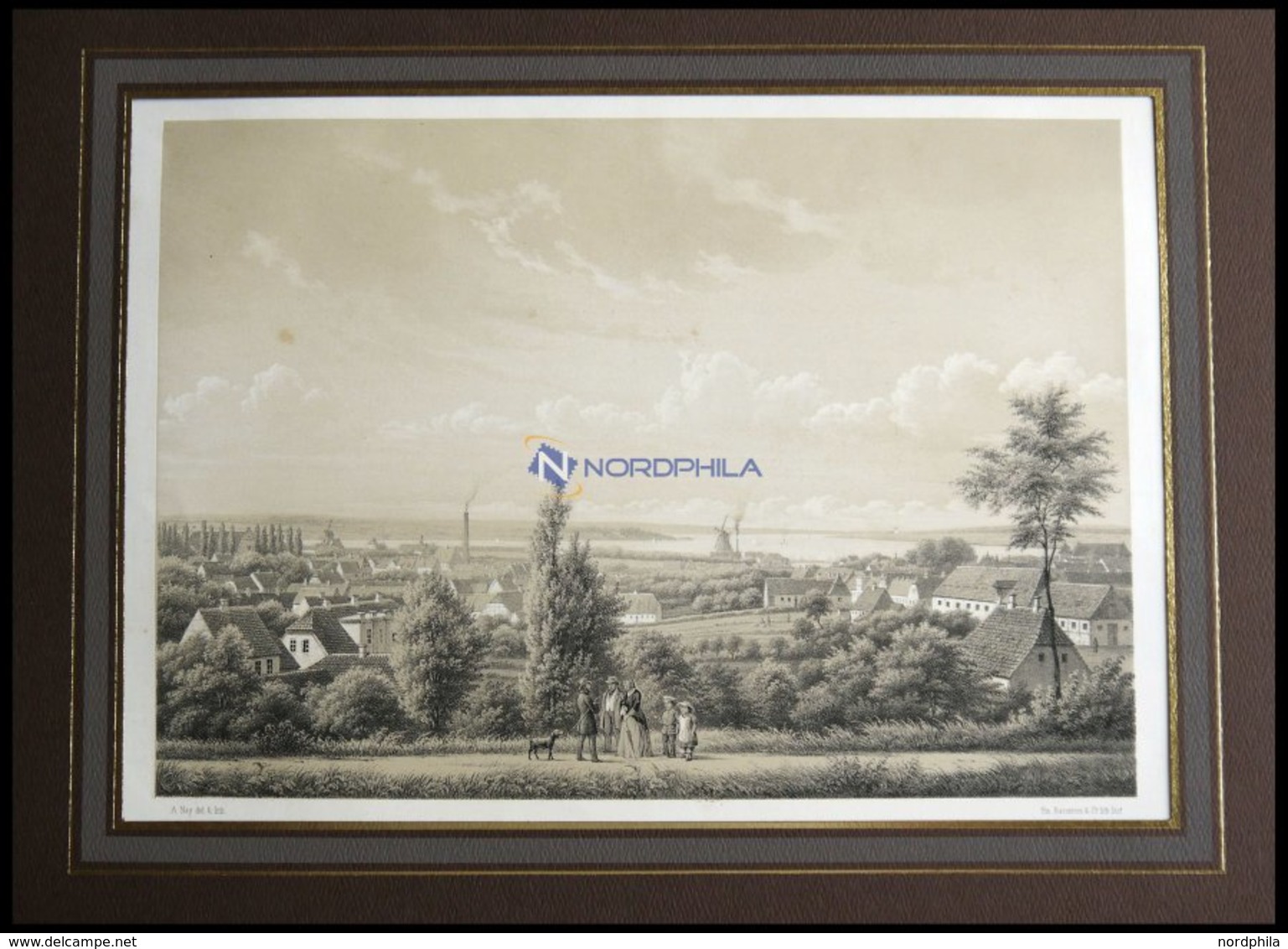 FREDERICIA (Fredericia), Ansicht Mit Mühle Und Kleiner Belt Im Hintergrund, Lithographie Mit Tonplatte Von Alexander Nay - Litografia