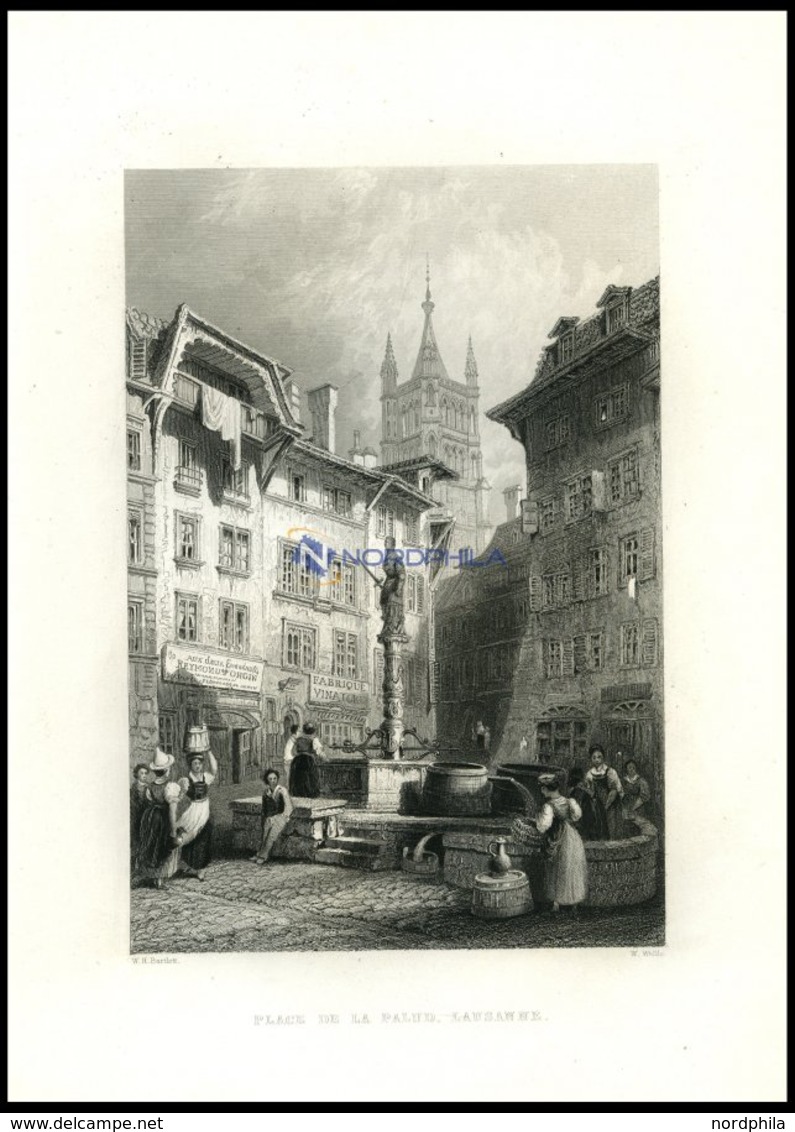 LAUSANNE, Teilansicht, Brunnenszene, Stahlstich Von Bartlett/Wallis, 1836 - Lithographies