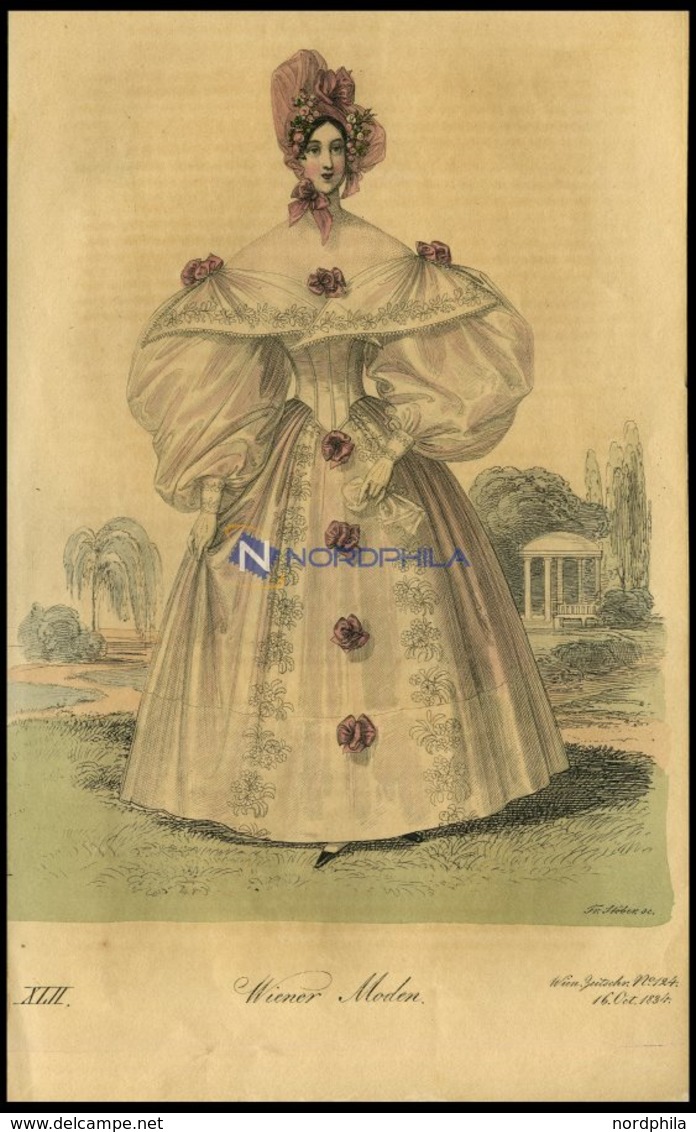 Wiener-Moden - Kleid Aus Besticktem Taft Mit Schleifchen Verziert, Altkolorierter Kupferstich Aus Wiener Zeitschrift Für - Lithographien