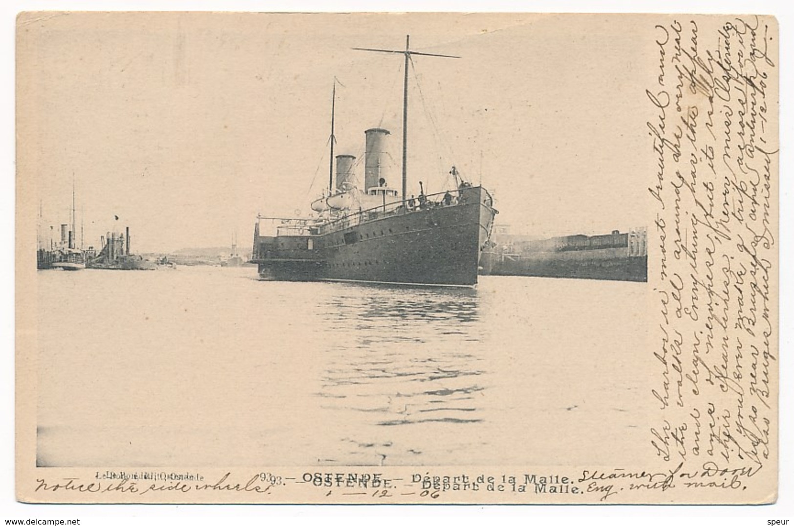 Oostende / Ostende - Départ De La Malle, Ship,  Postally Used In 1906, Written Message In English - Oostende