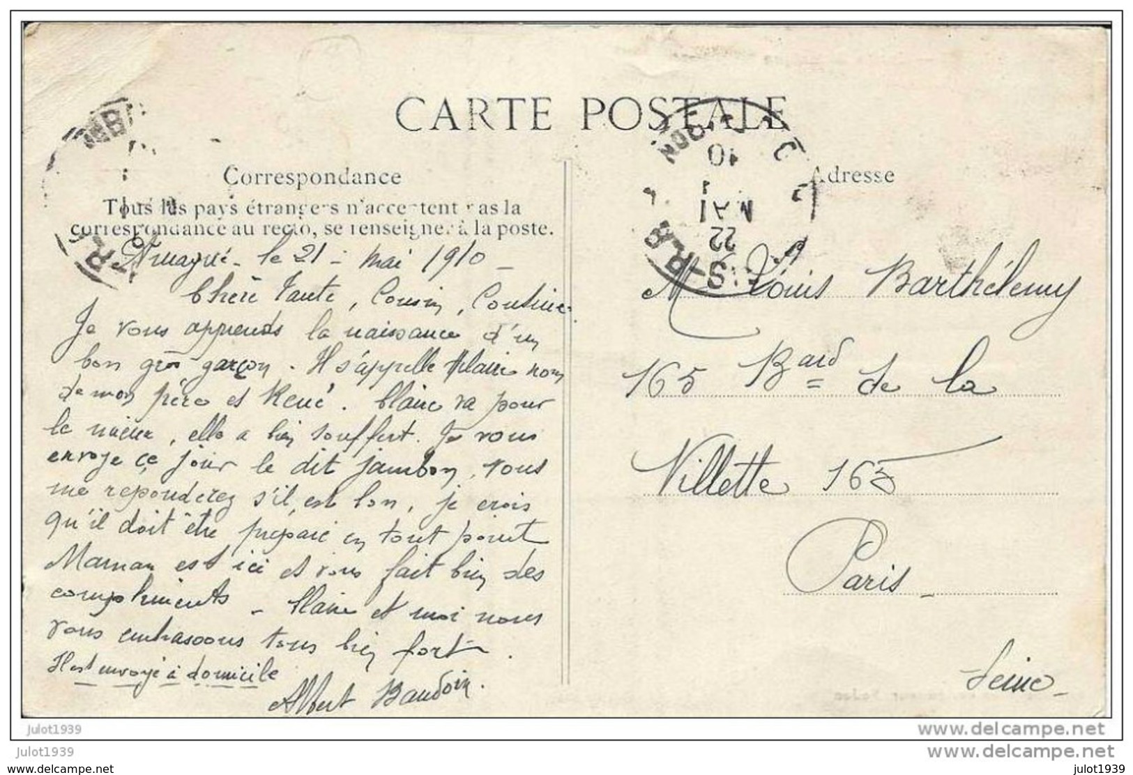 SEDAN ..-- 08 . Jardin Botanique . 1910 Vers PARIS Mr Louis BARTHELEMY ) . Voir Verso . - Sedan