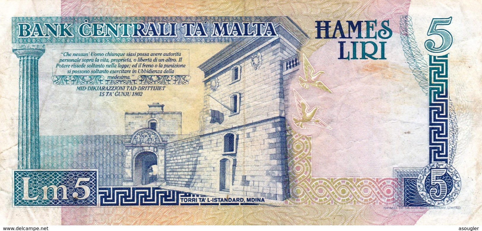 MALTA 5 LIRI ND 1989 F-VF P-42a "free Shipping Via Registered Air Mail" - Malta