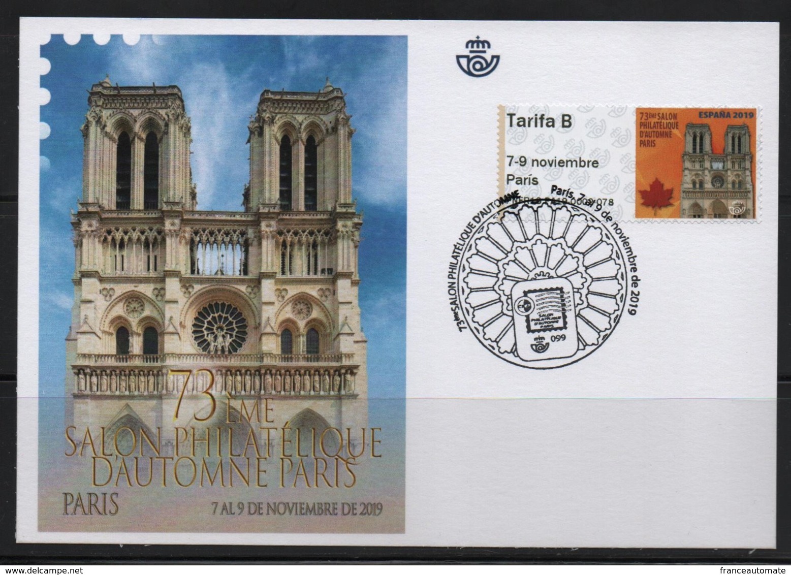 ATM, CARTE SOUVENIR, NOTRE DAME DE PARIS, émise Par L'Espagne Au 73éme Salon D'automne, 1er Jour, 7/11/2019 - 2010-... Viñetas De Franqueo Illustradas