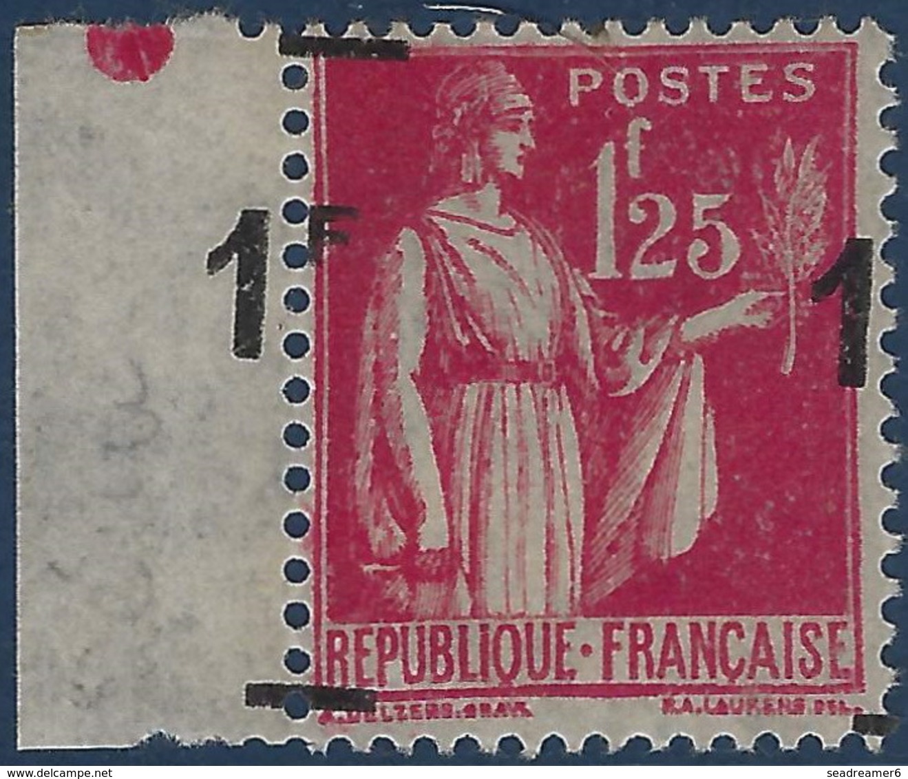 France Type Paix N°483* 1 Fr/1fr25c Rouge Surcharge Décalée à L'extreme !! RRR Ainsi Signé Calves - 1932-39 Vrede