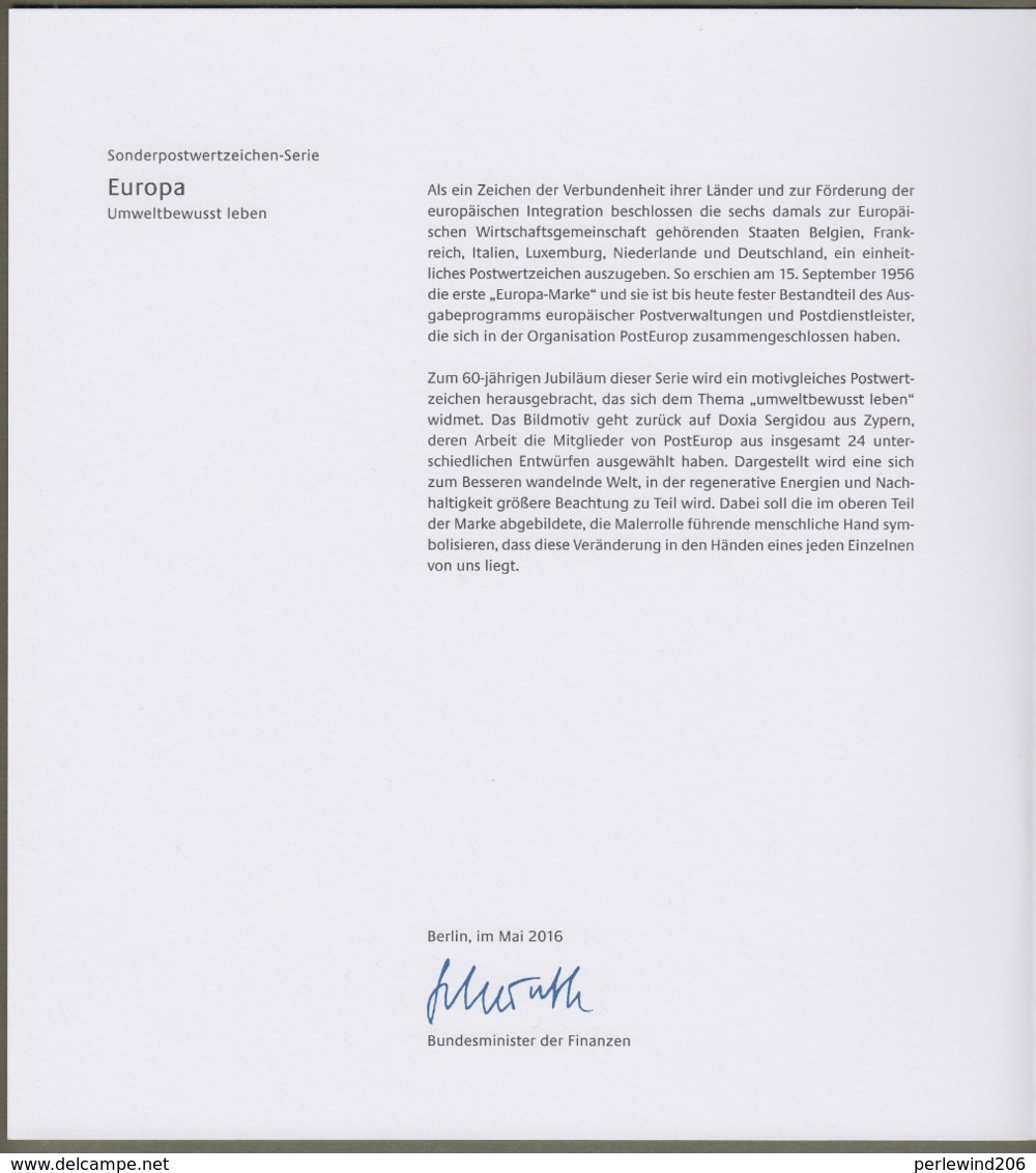 Bund Europe: Minister Card - Ministerkarte Typ VIII, Mi-Nr. 3238: " Europa  2016 - Umweltbewußt Leben - " RR       X - Briefe U. Dokumente